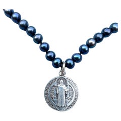 Silver Medal Necklace Black Pearl Bead Choker