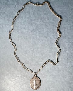 Vintage Virgin Mary Necklace French Medal Gold-Plated Paperclip Chain