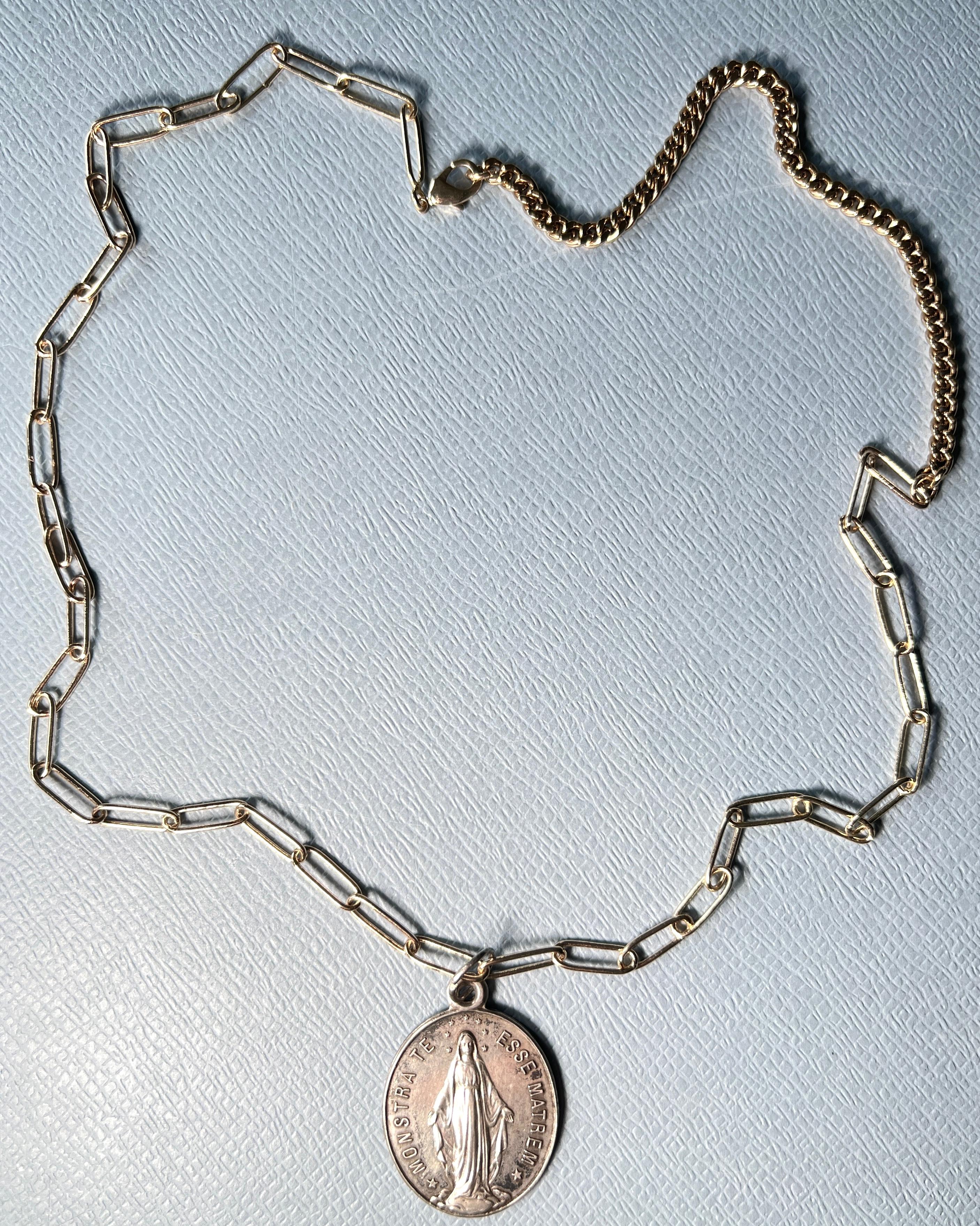 Early Victorian Vintage Silver Virgin Mary Medal French Gold-Plated Paperclip Chain For Sale
