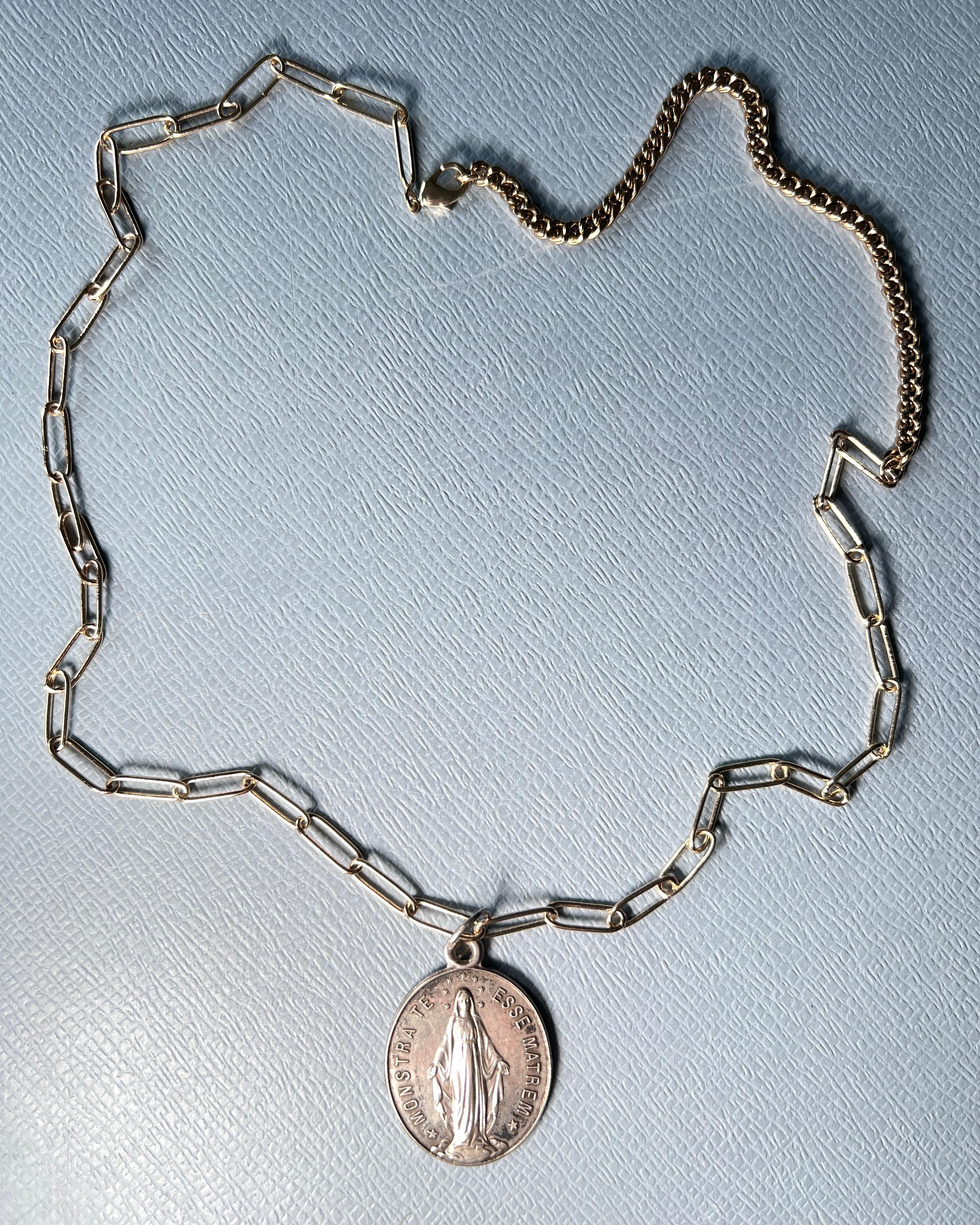 Women's Vintage Silver Virgin Mary Medal French Gold-Plated Paperclip Chain For Sale
