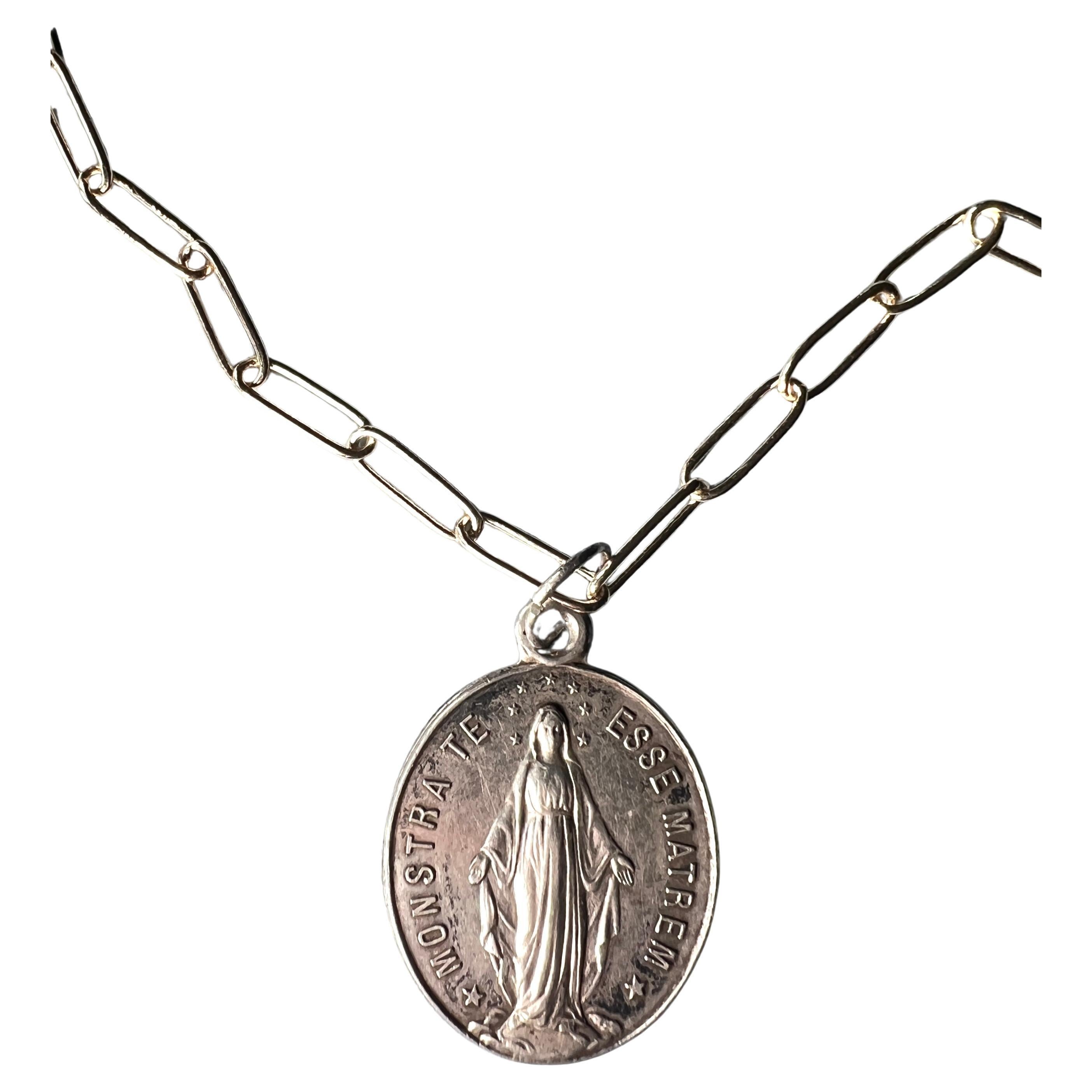 Vintage Silver Virgin Mary Medal French Gold-Plated Paperclip Chain