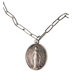 Vintage Silver Virgin Mary Medal French Gold-Plated Paperclip Chain