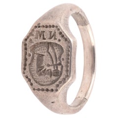 Silver Merchant's Men's Ring Seal Ring With Shield And Letters XV Sec.