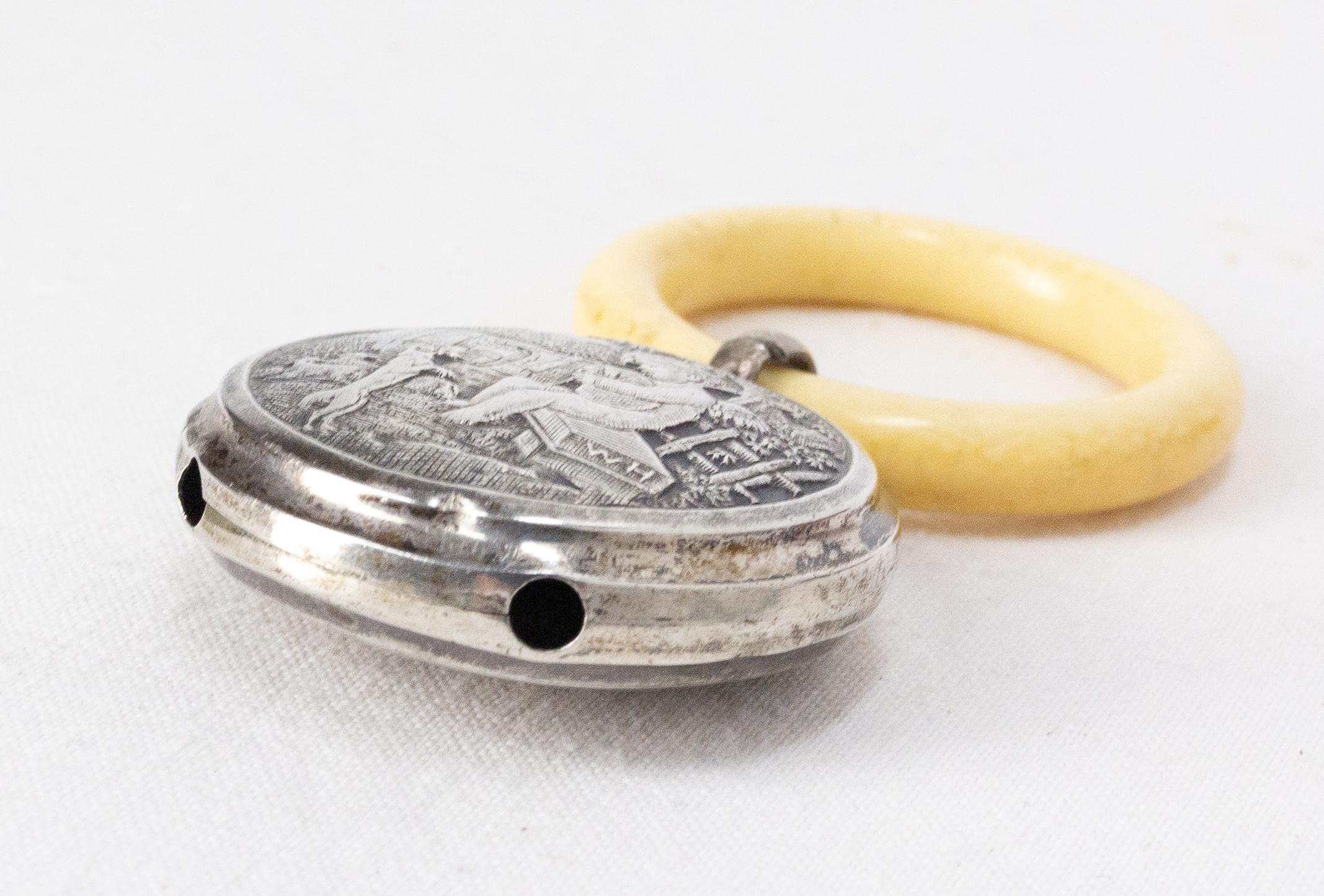 French Silver Metal Bakelite Rattle Representing Childhood Scenes, France, 19th Century For Sale