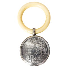 Silver Metal Bakelite Rattle Representing Childhood Scenes, France, 19th Century