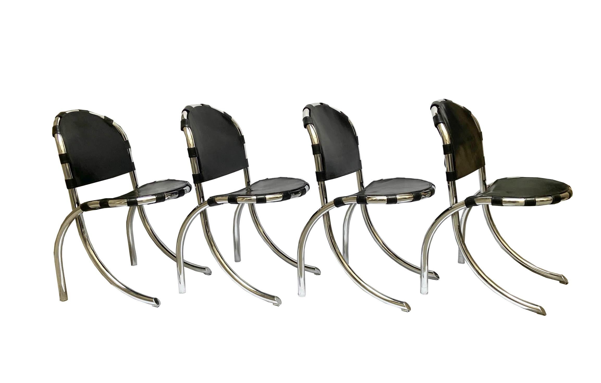 Four Italian chairs from the 1960s-1970s. 
Medusa model chairs in original steel by Tetrark design Bazzani. 
Fabulous furniture for interior decorators and collectors. 
Sittings e
leather backs with metal tie rods.