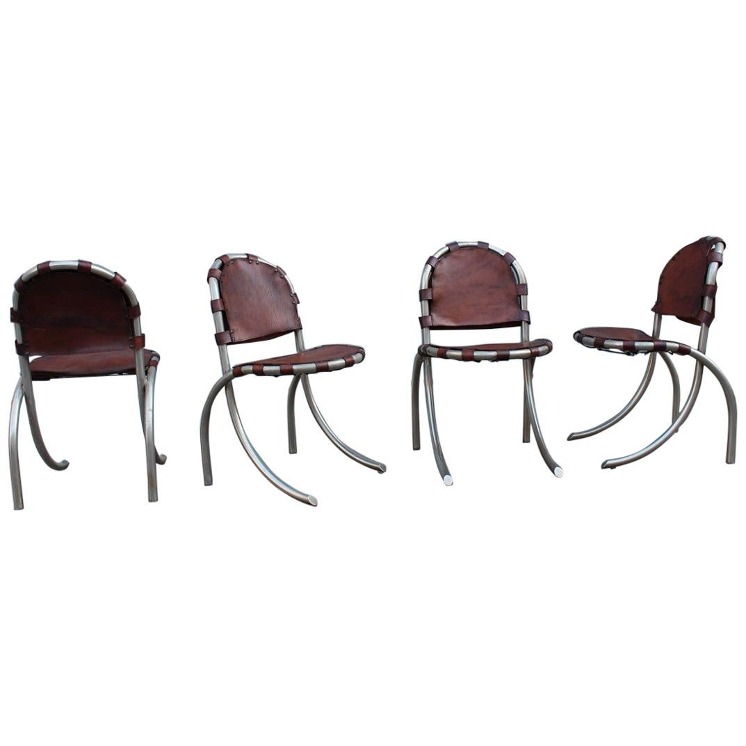 Silver Metal Chairs Studio Tetrark Medusa Calfskin 1960s Bazzani Made In Italy For Sale