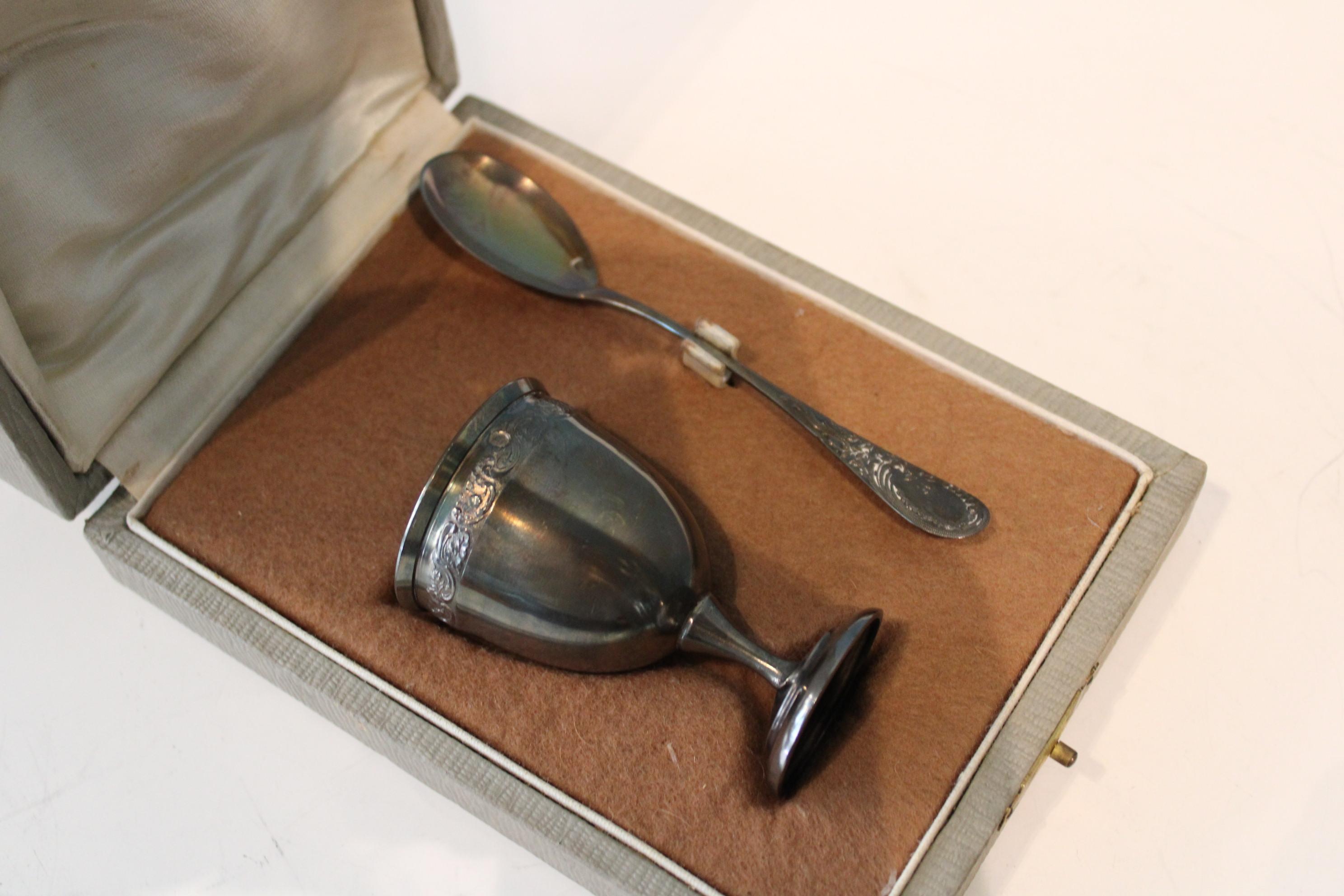 Silver Plate Silver metal egg cup and spoon For Sale