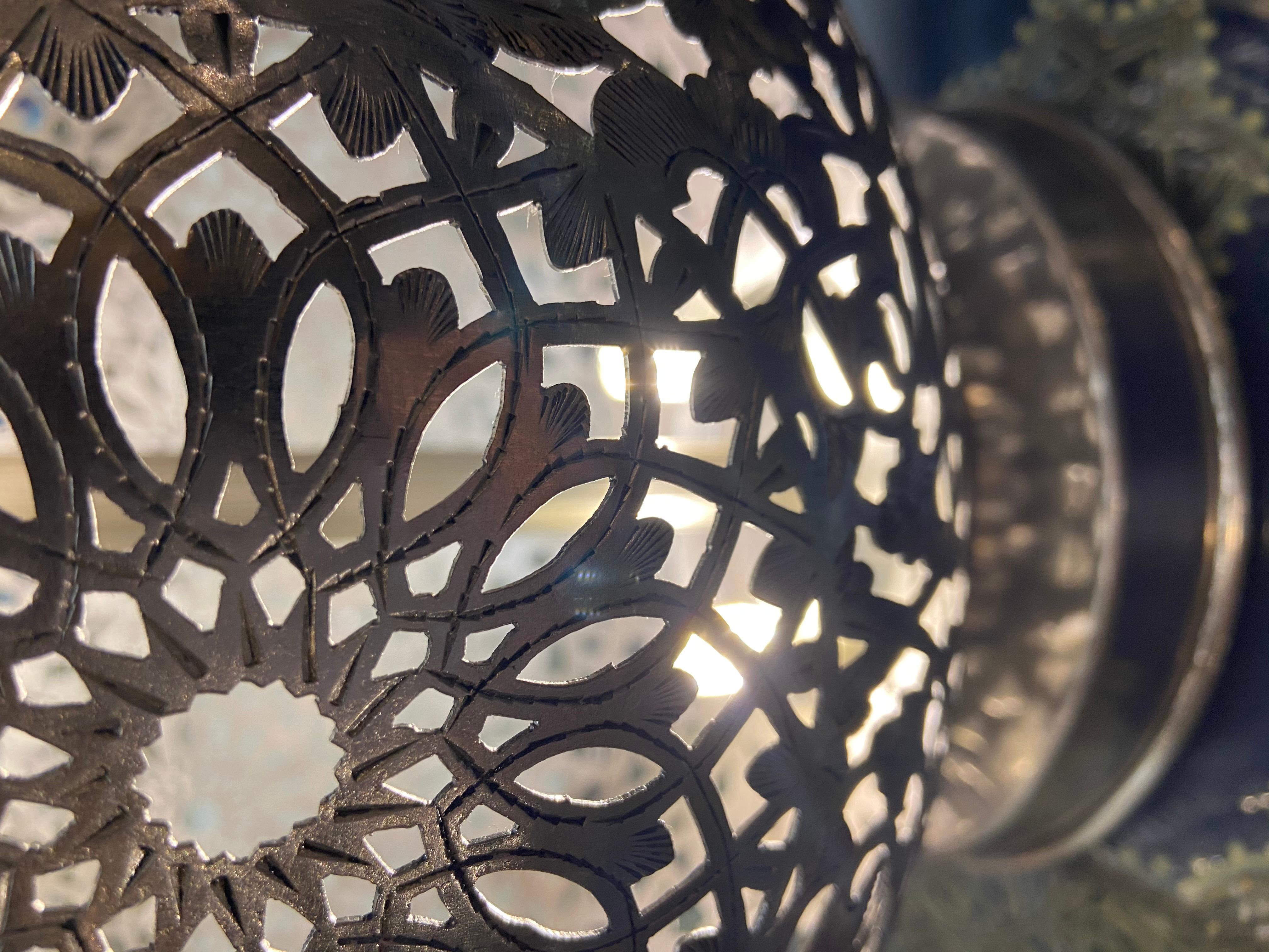 Metal Silver Brass Filigree Moroccan Table Lamp, with Bottom and Upper Lights, a Pair