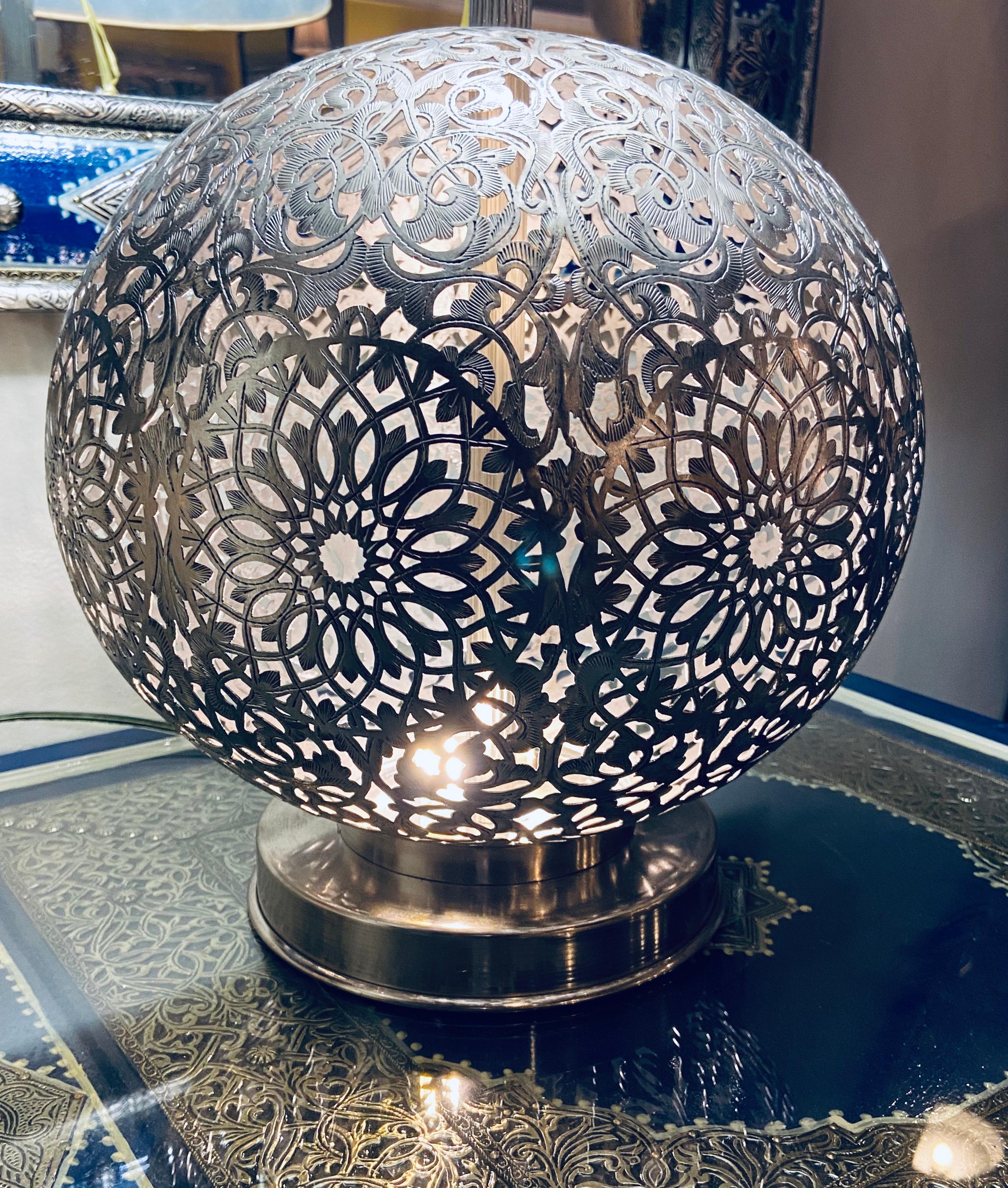 Moorish Silver Brass Filigree Moroccan Table Lamp, with Bottom and Upper Lights, a Pair