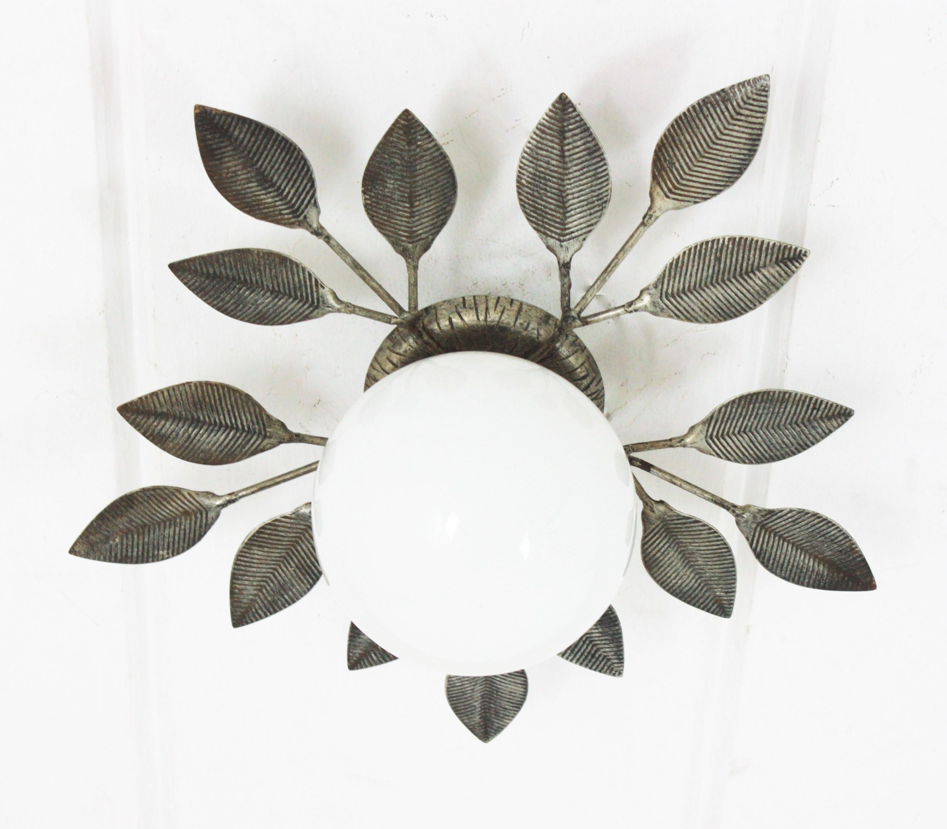 Spanish Foliage Silvered iron Light Fixture with Milk Glass Globe, 1960s For Sale 3