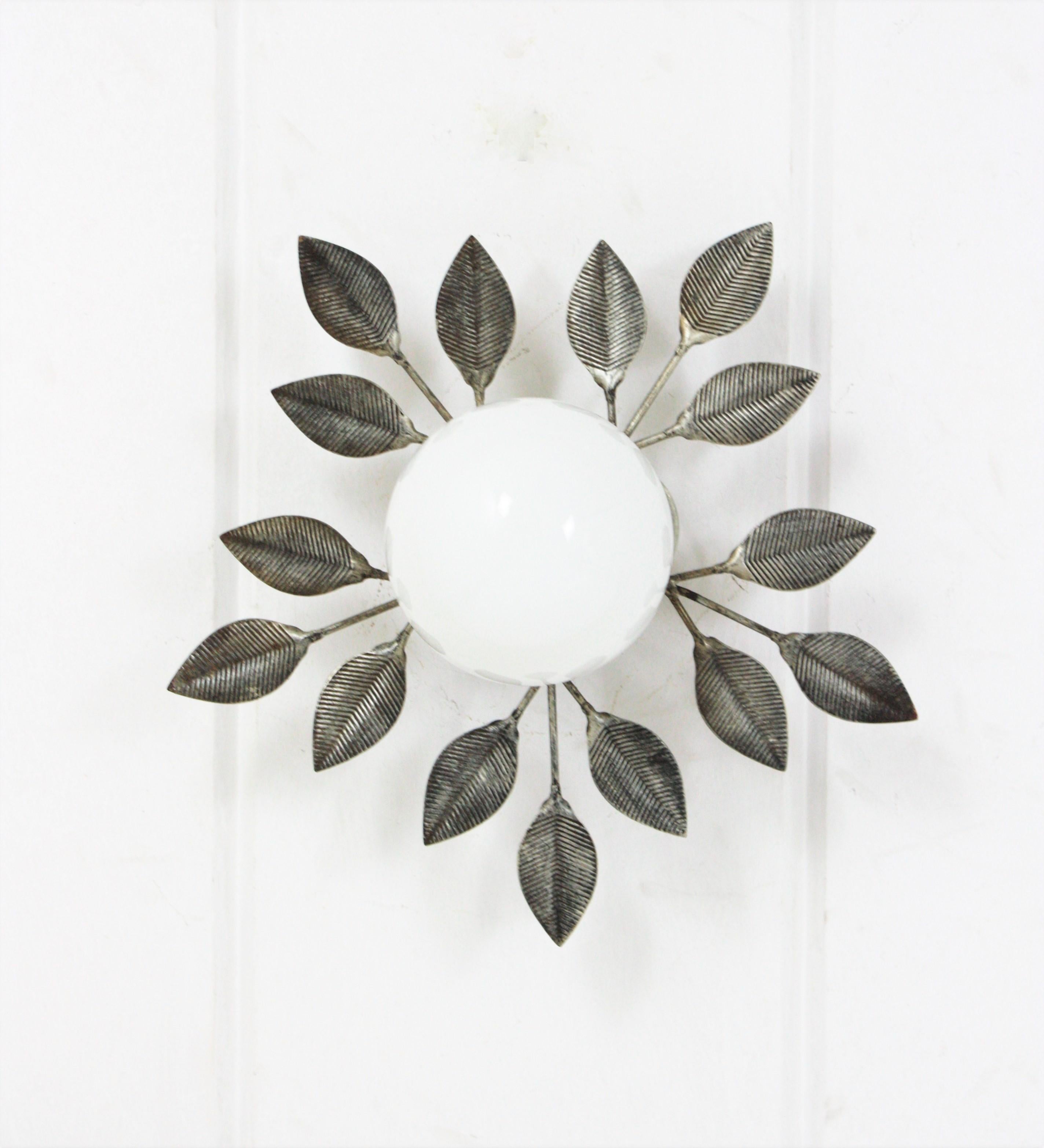 Spanish Foliage Silvered iron Light Fixture with Milk Glass Globe, 1960s For Sale 6