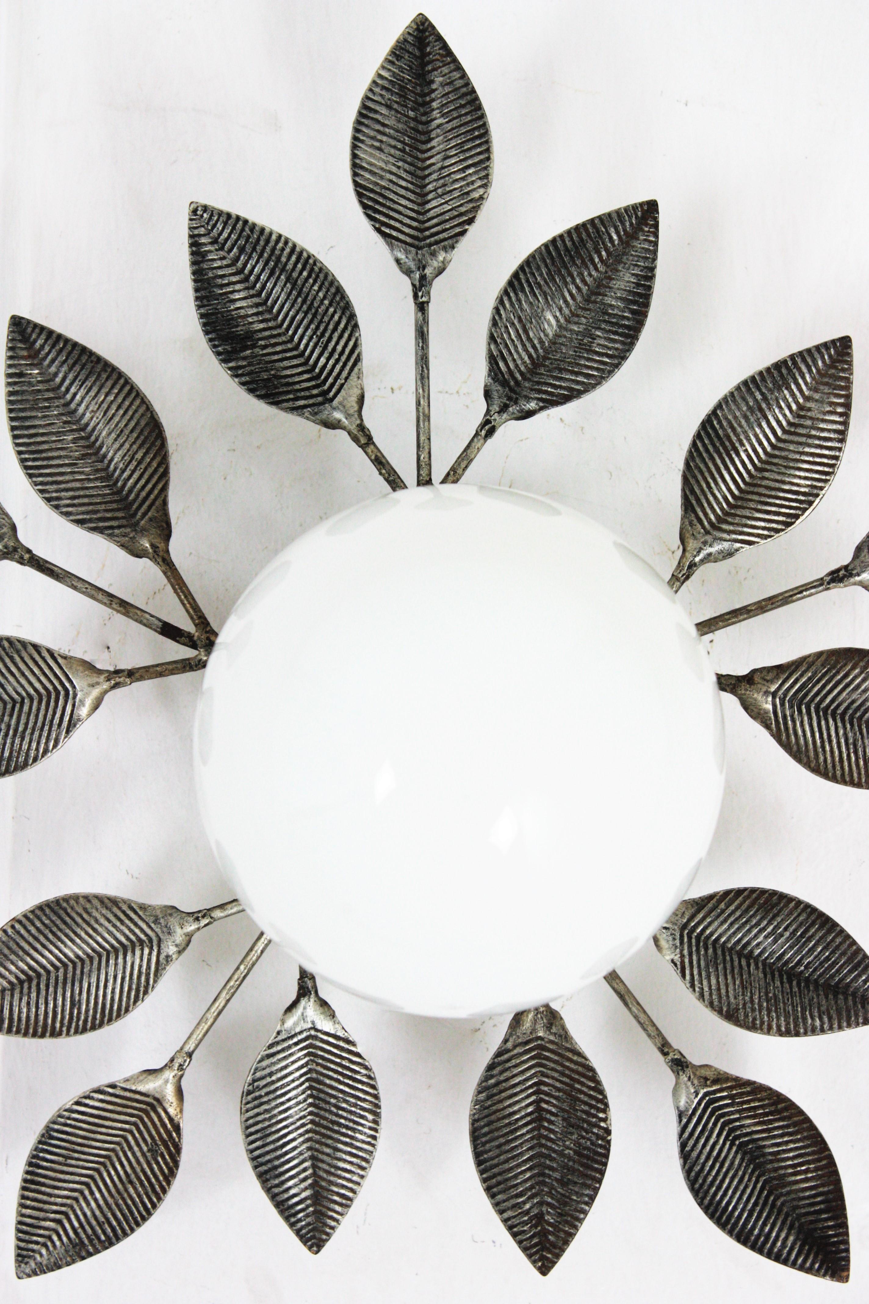Spanish Foliage Silvered iron Light Fixture with Milk Glass Globe, 1960s For Sale 8