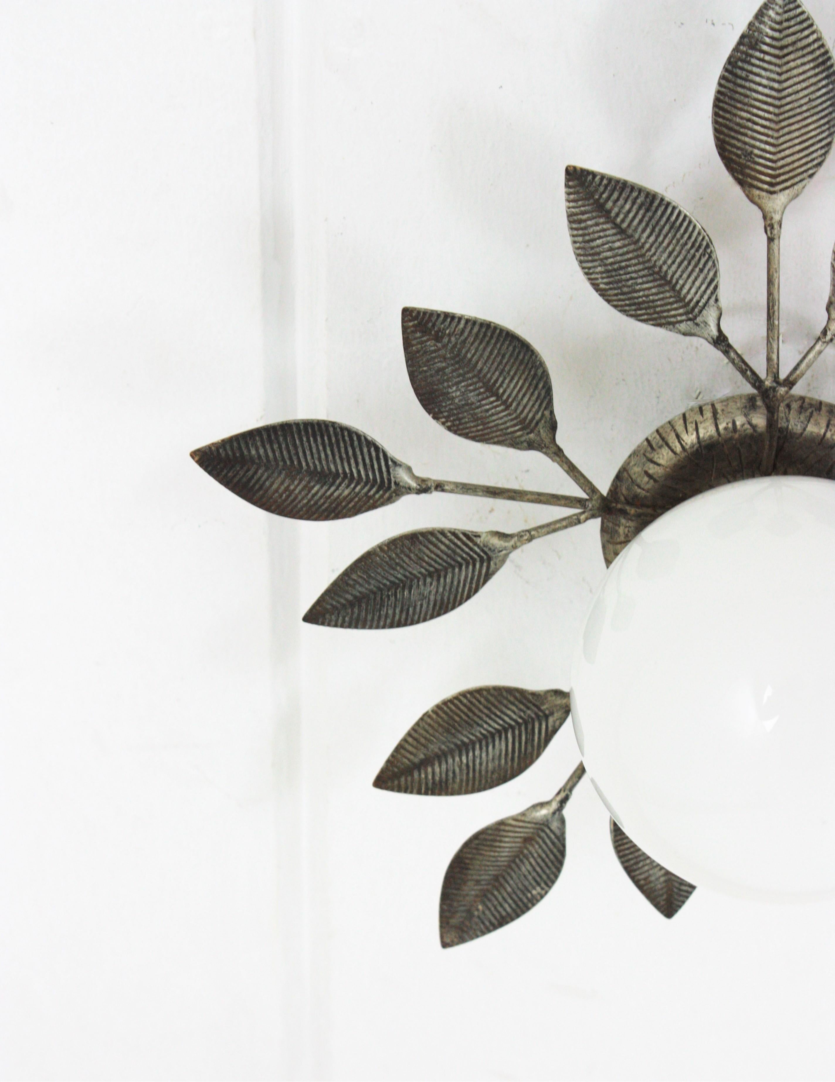 Spanish Foliage Silvered iron Light Fixture with Milk Glass Globe, 1960s For Sale 10