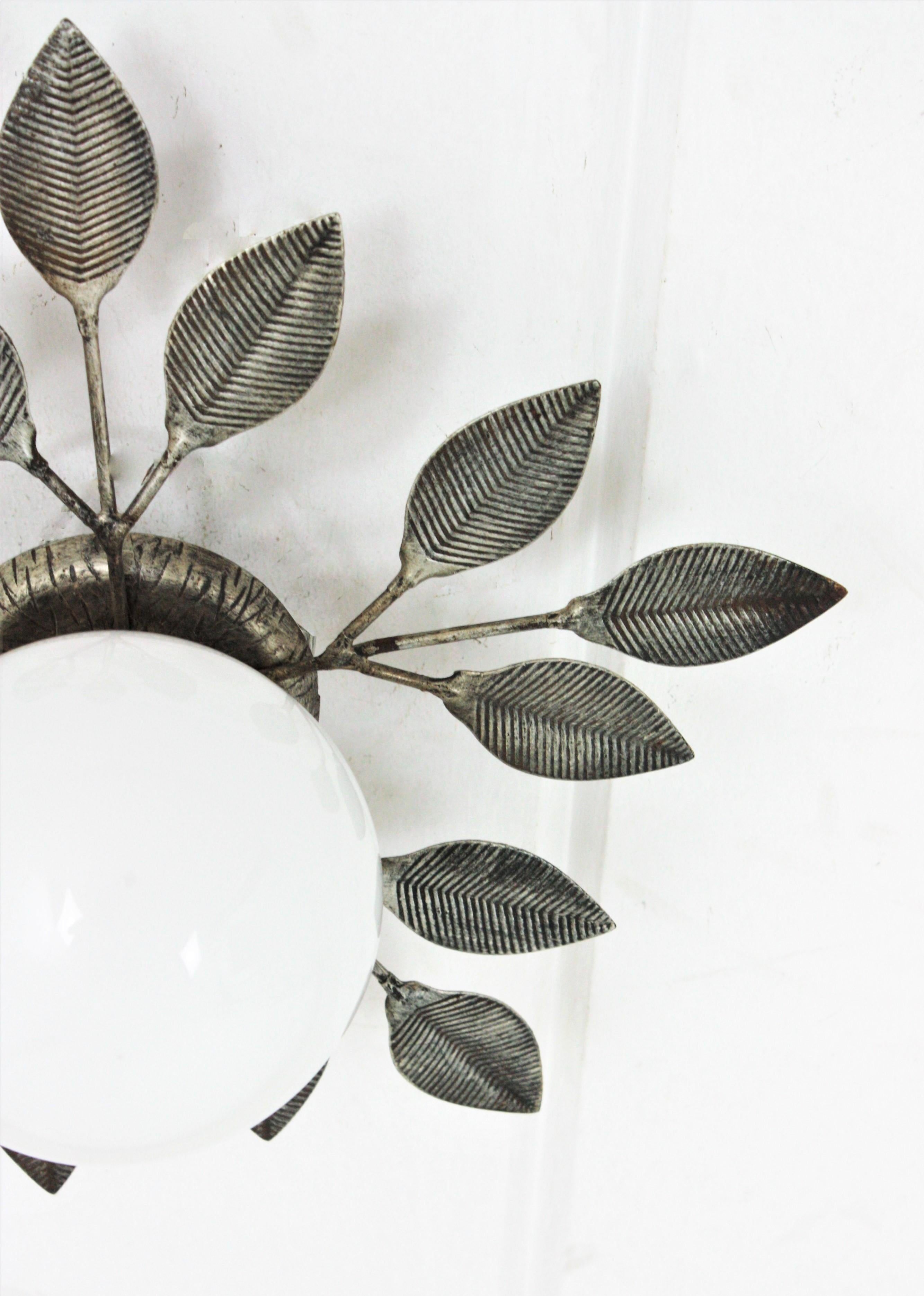 Spanish Foliage Silvered iron Light Fixture with Milk Glass Globe, 1960s For Sale 11