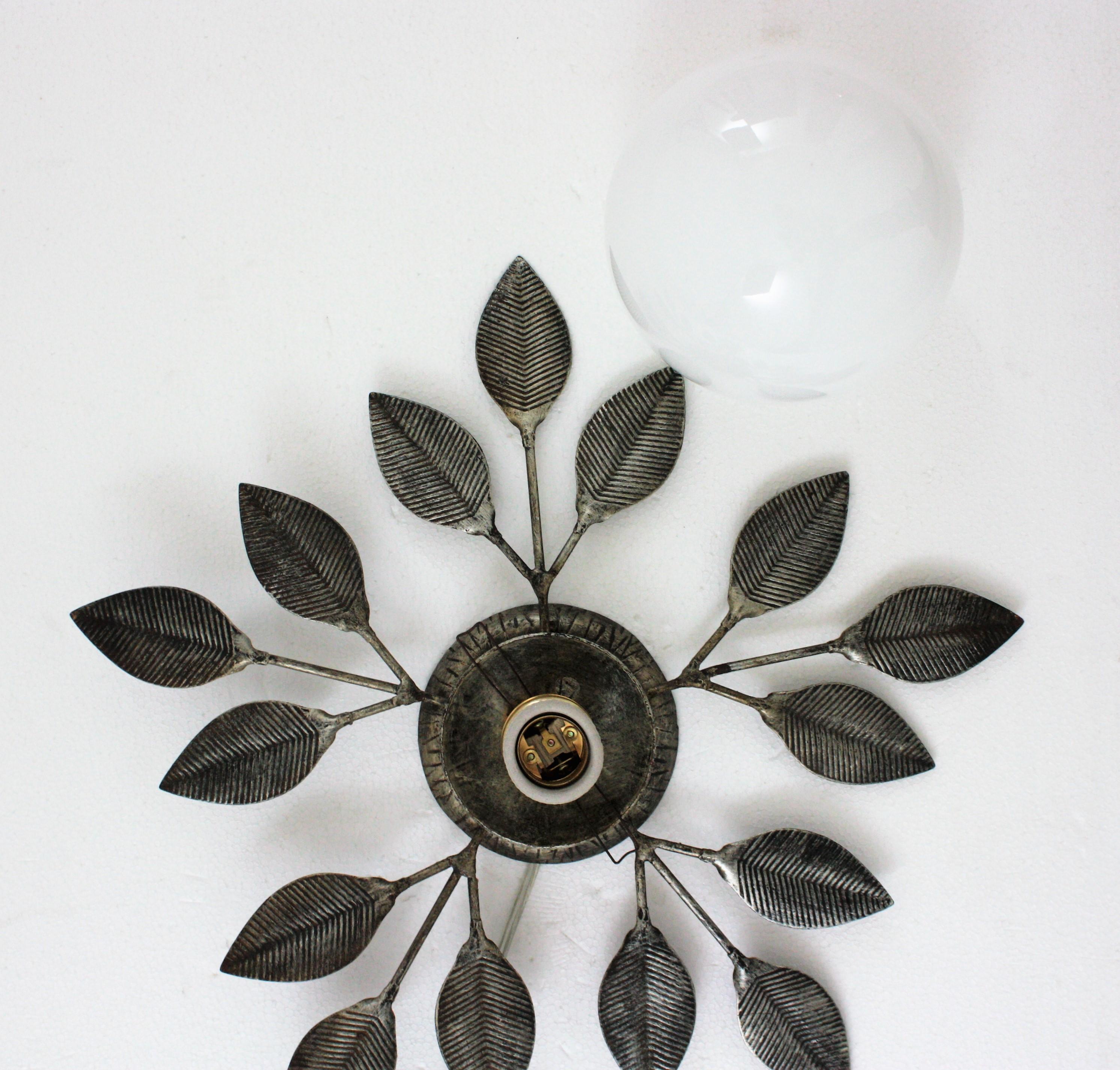 Spanish Foliage Silvered iron Light Fixture with Milk Glass Globe, 1960s For Sale 12