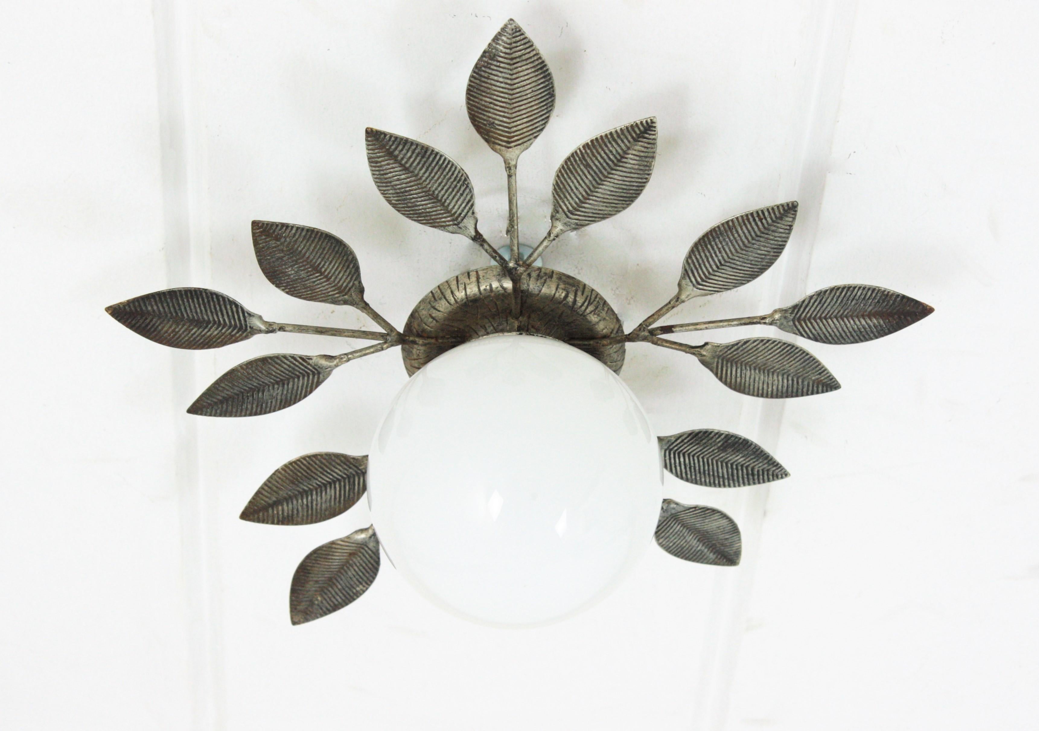 Spanish Foliage Silvered iron Light Fixture with Milk Glass Globe, 1960s In Good Condition For Sale In Barcelona, ES