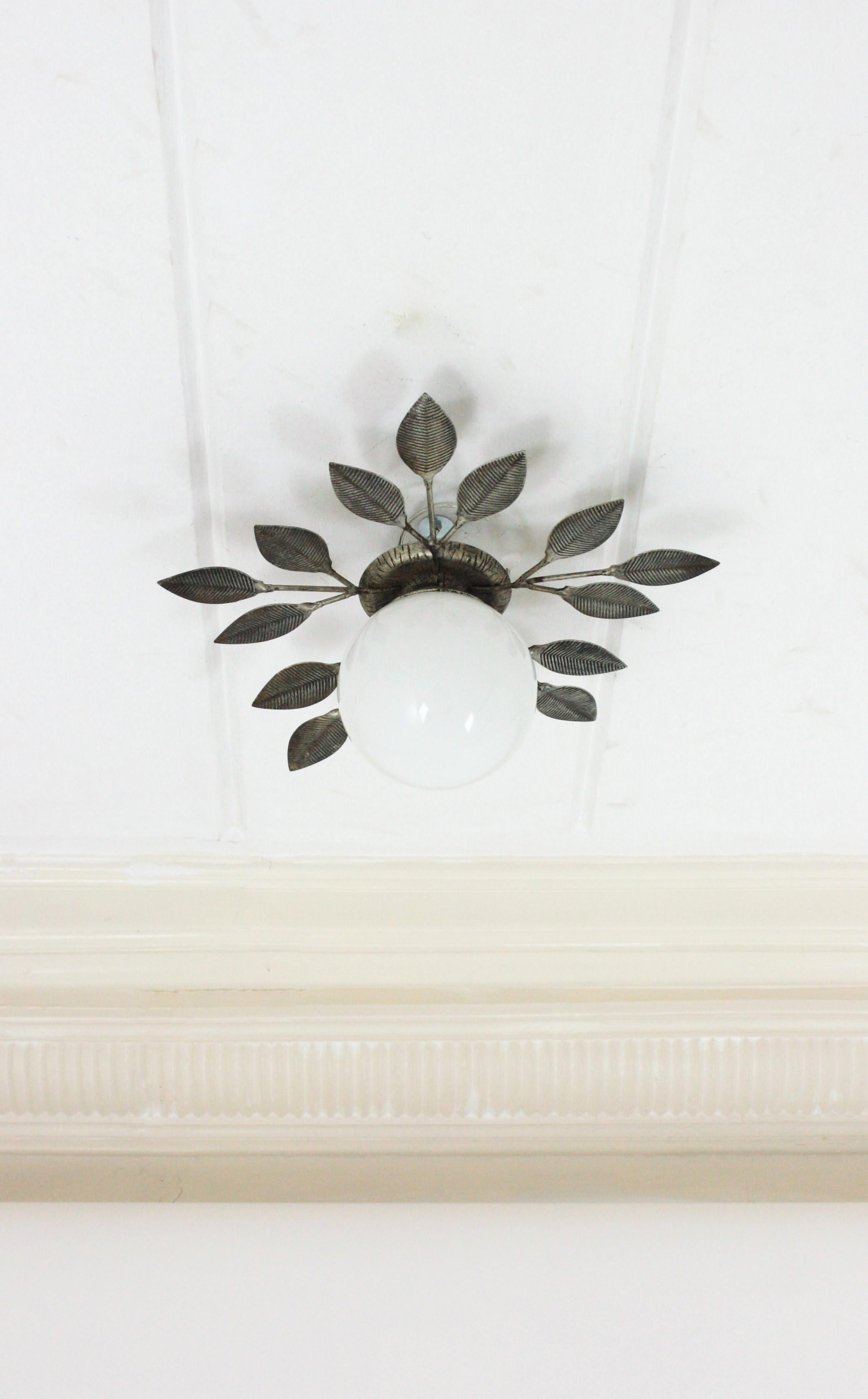 20th Century Spanish Foliage Silvered iron Light Fixture with Milk Glass Globe, 1960s For Sale