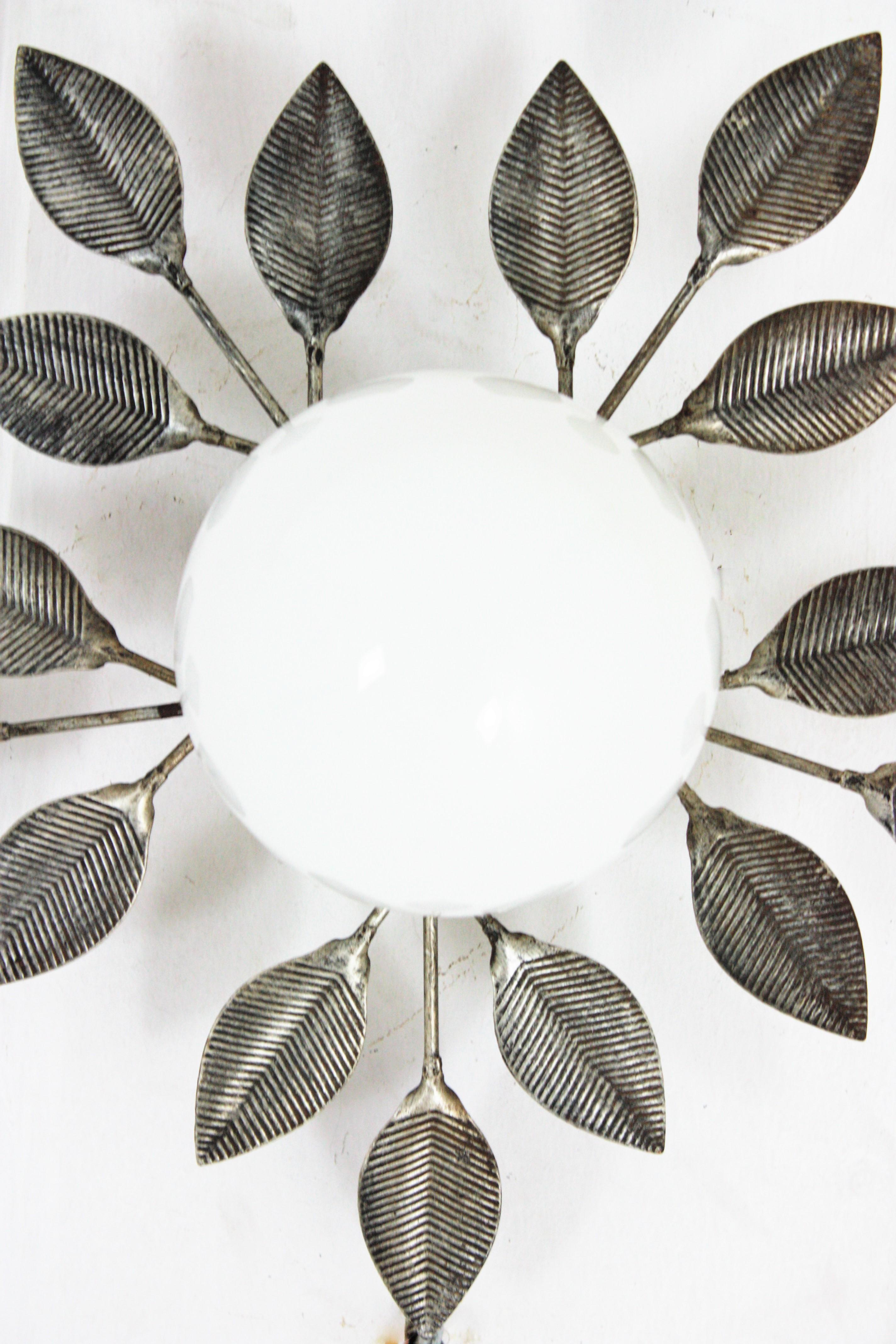 Spanish Foliage Silvered iron Light Fixture with Milk Glass Globe, 1960s For Sale 2