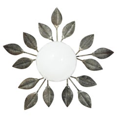 Silver Metal Foliage Light Fixture with White Blown Glass Globe, 1960s