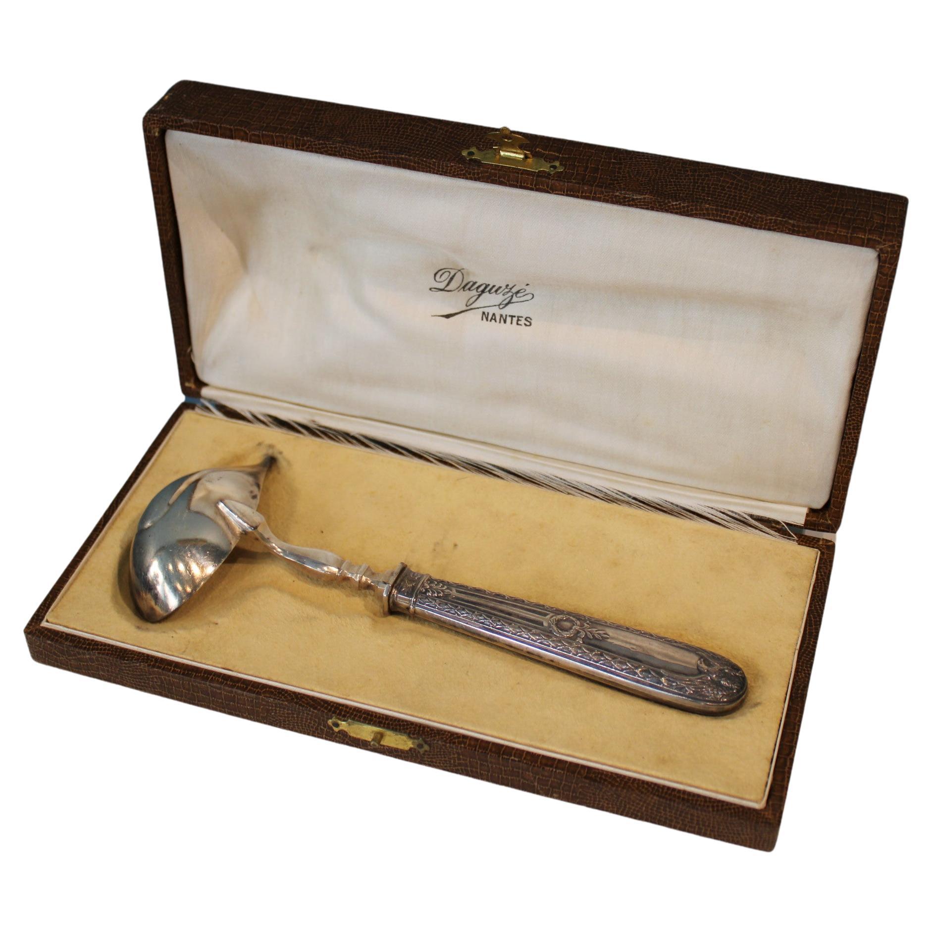 Silver metal gravy spoon in her box For Sale