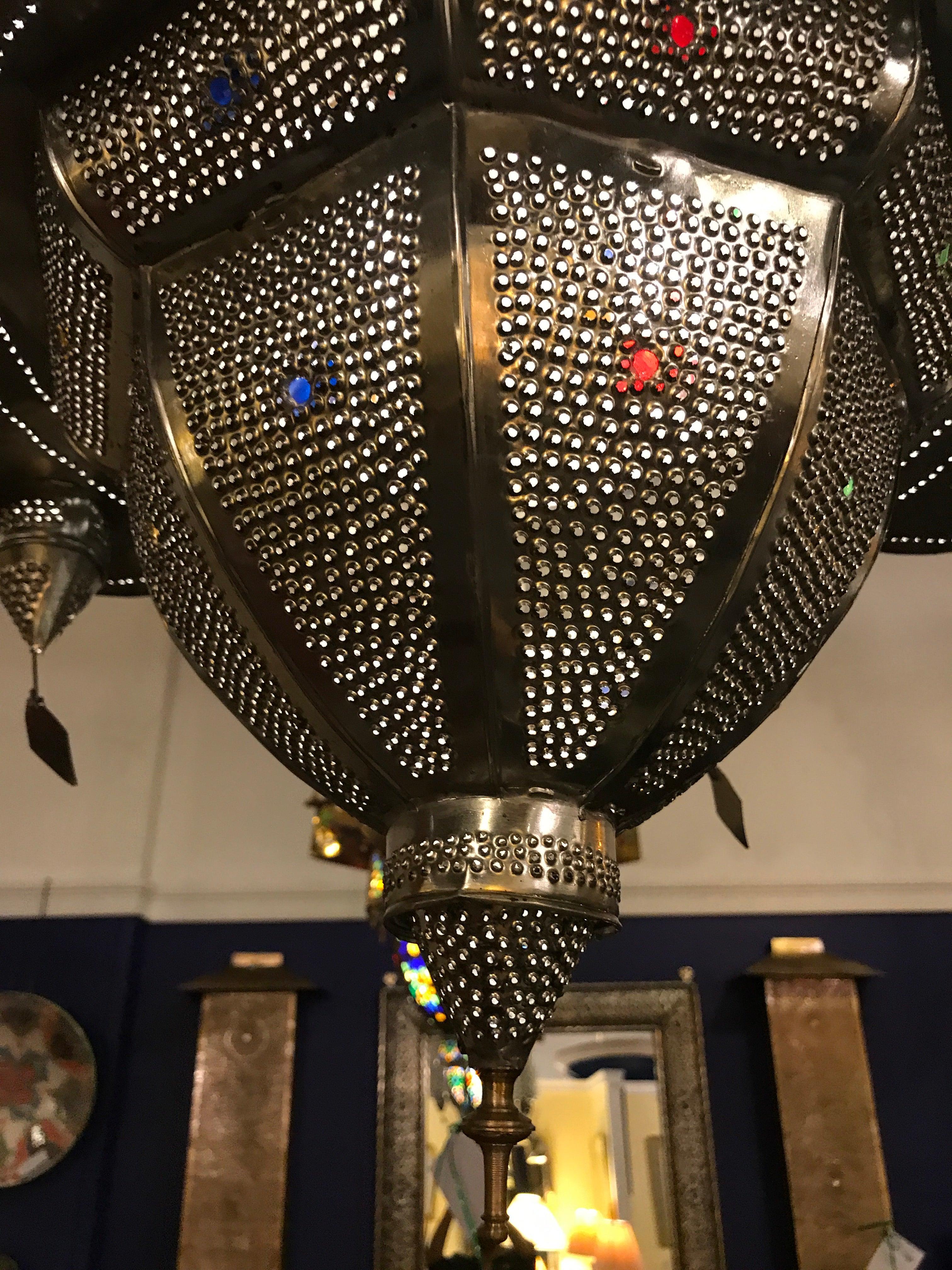African Silver Metal Handmade Jeweled Art Deco Lantern Form Light Fixture