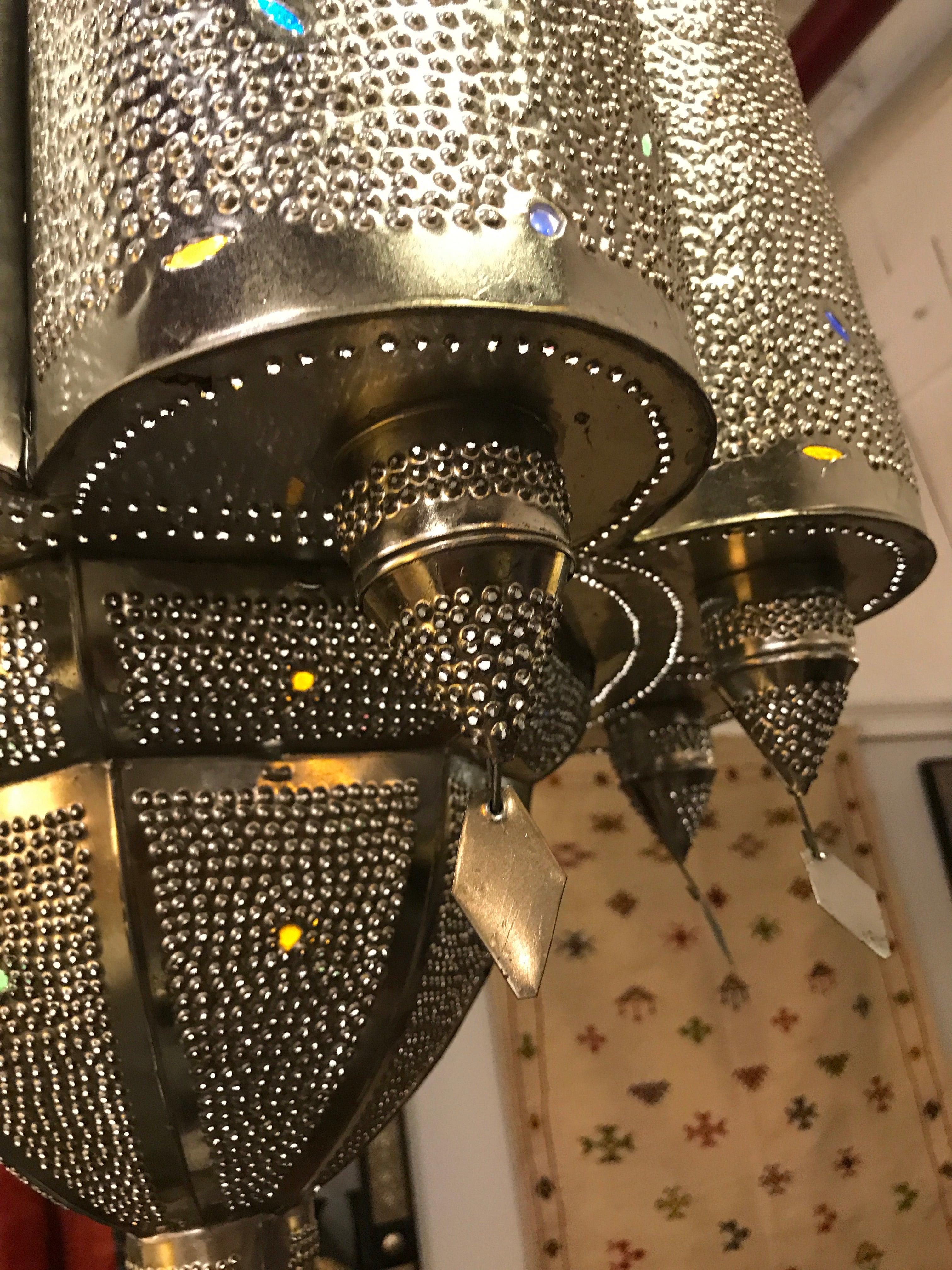 Silver Metal Handmade Jeweled Art Deco Lantern Form Light Fixture 2