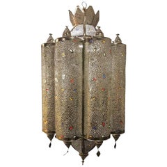 Silver Metal Handmade Jeweled Art Deco Lantern Form Light Fixture