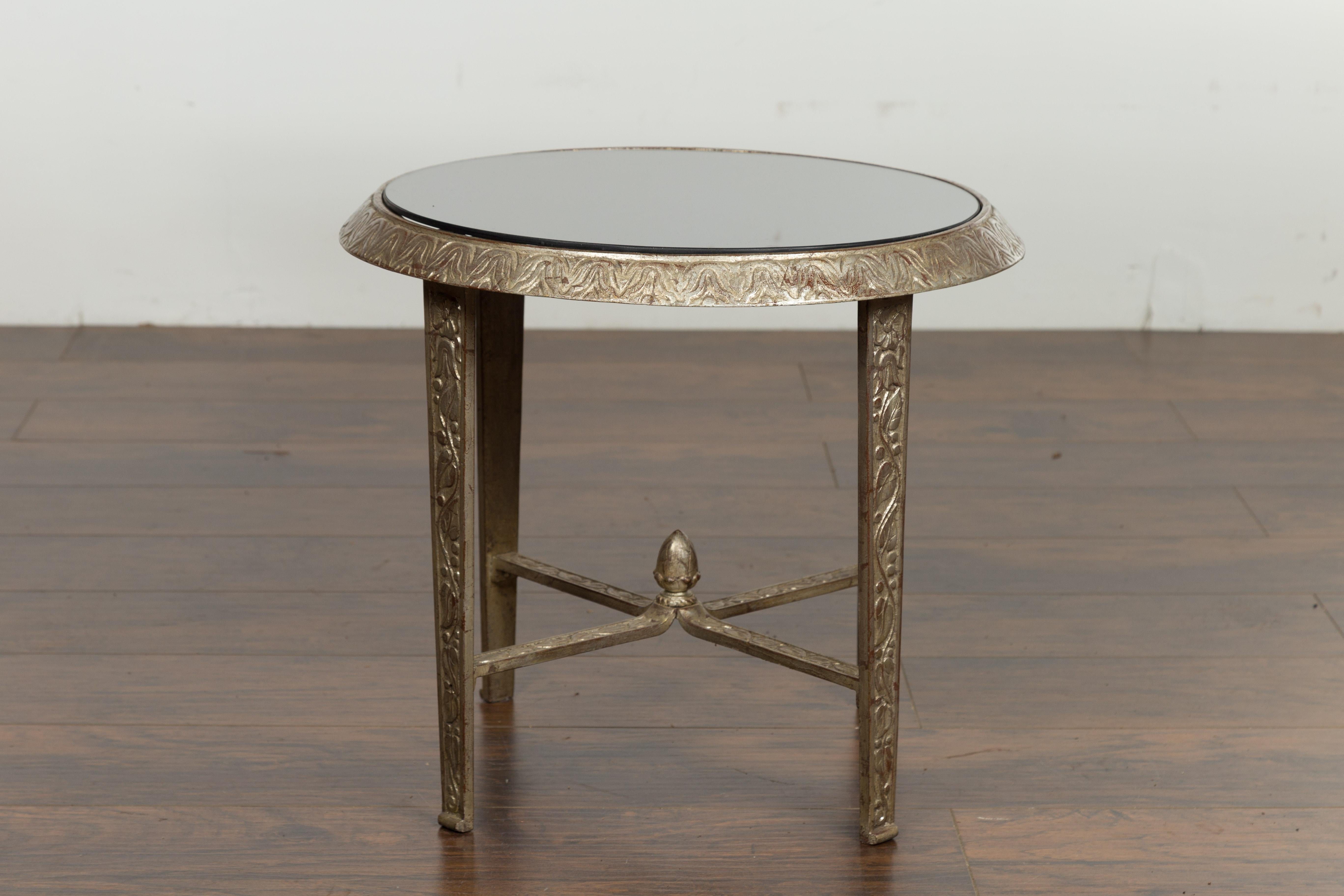 Silver Metal Low Drinks Table with Black Glass Top and Acorn Finial, Sold Each For Sale 8