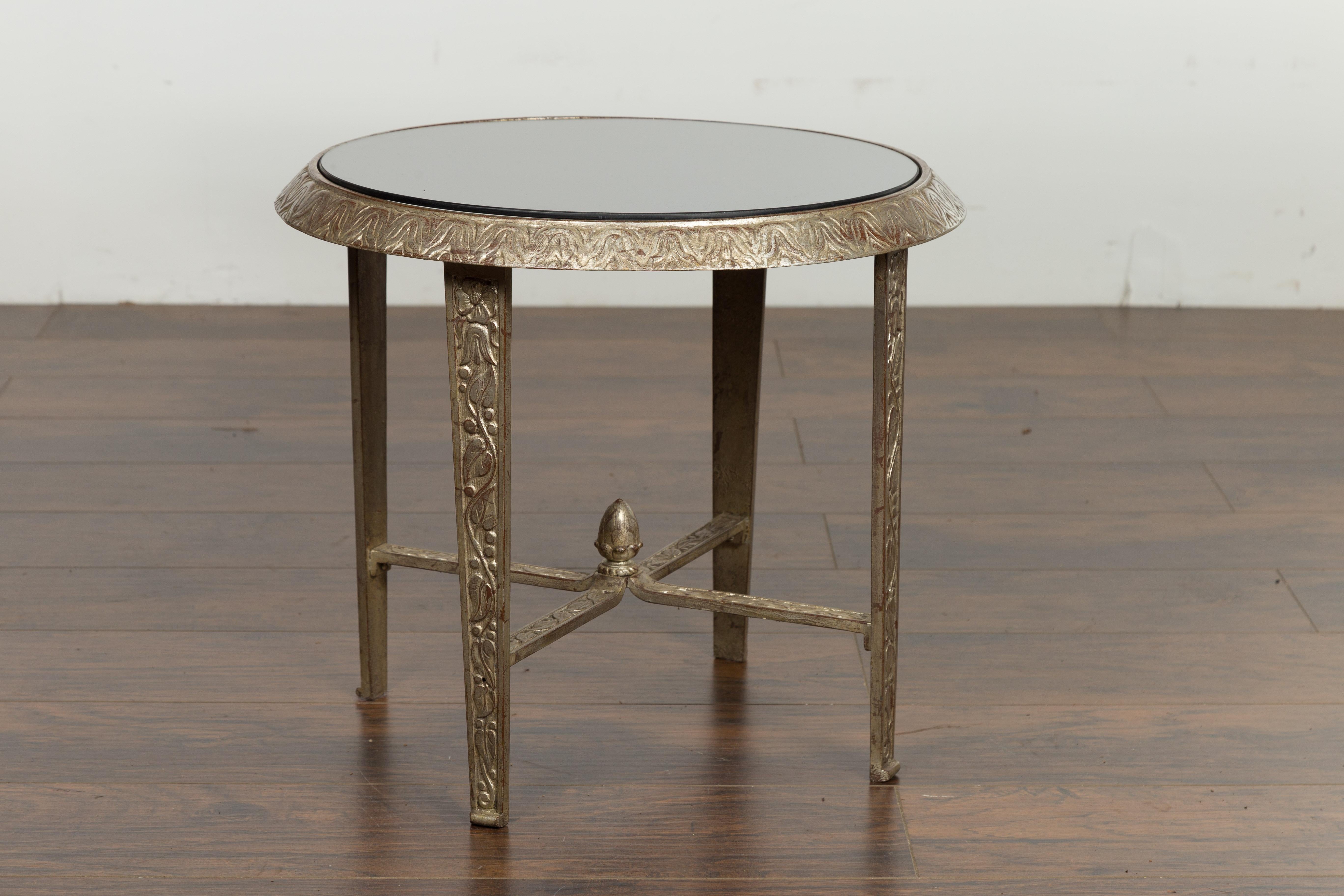 Silver Metal Low Drinks Table with Black Glass Top and Acorn Finial, Sold Each For Sale 9