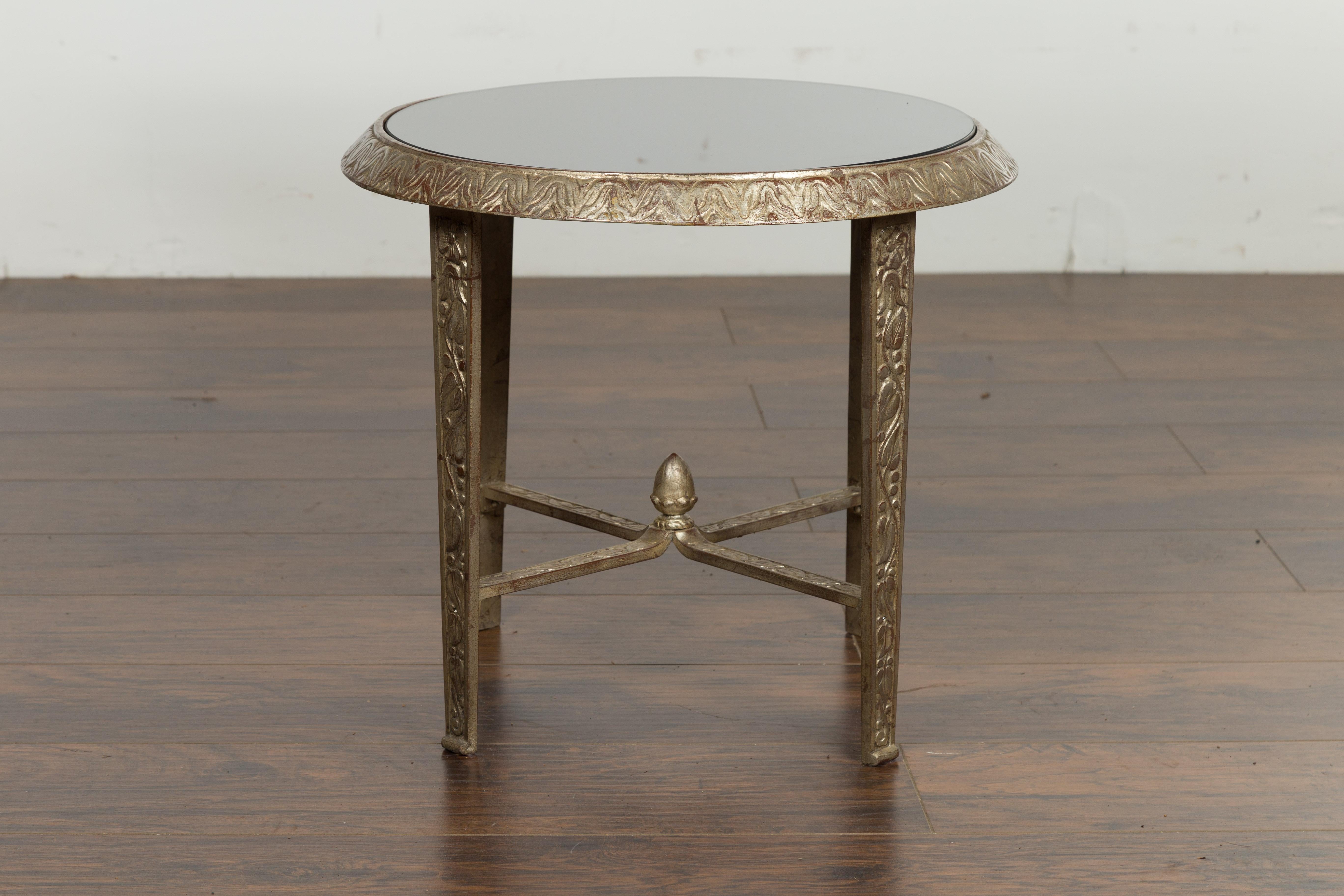 Silver Metal Low Drinks Table with Black Glass Top and Acorn Finial, Sold Each For Sale 11