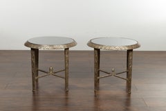 Silver Metal Low Drinks Table with Black Glass Top and Acorn Finial, Sold Each