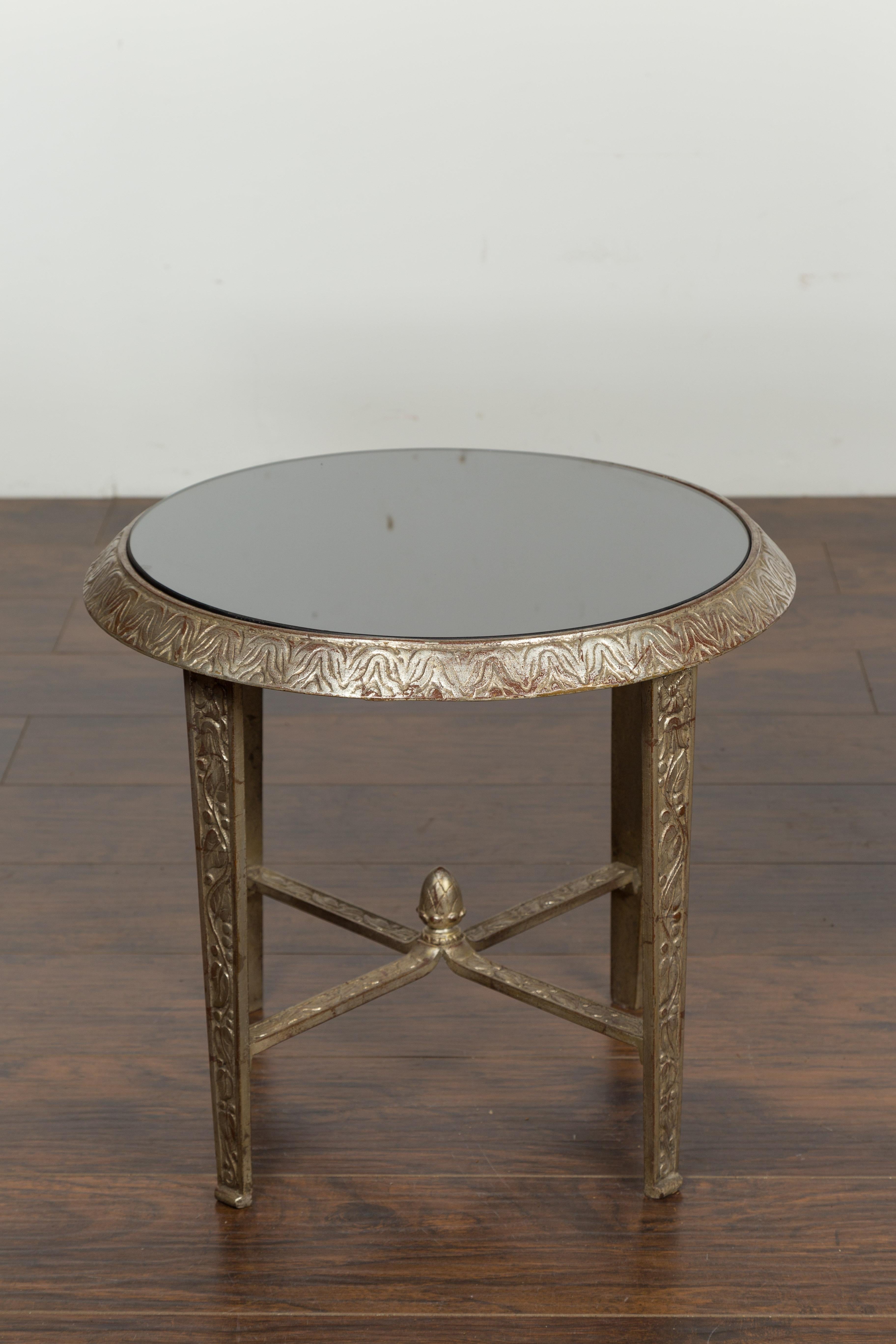 Silver Metal Low Drinks Table with Black Glass Top and Acorn Finial, Sold Each For Sale 3