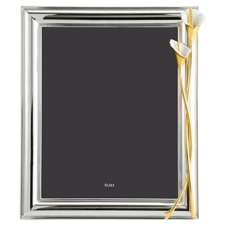 Fotorahmen aus Silber und Silbermetall mit Design aus Goldmetall und weißer Emaille, großes Modell