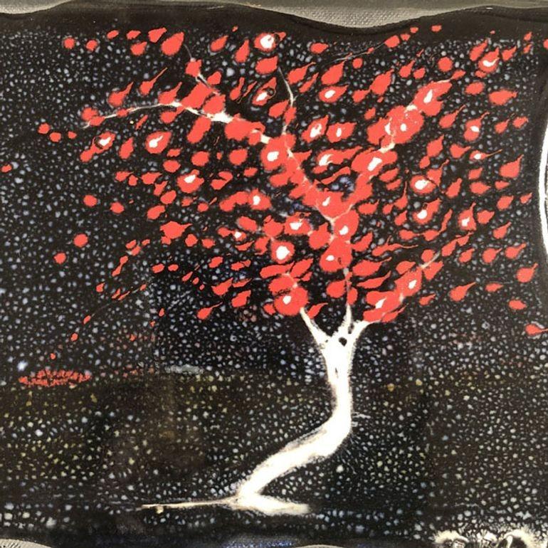 American Silver Metal Tree Landscape with Fall Leaves Framed Pottery by Tom Turnbull For Sale