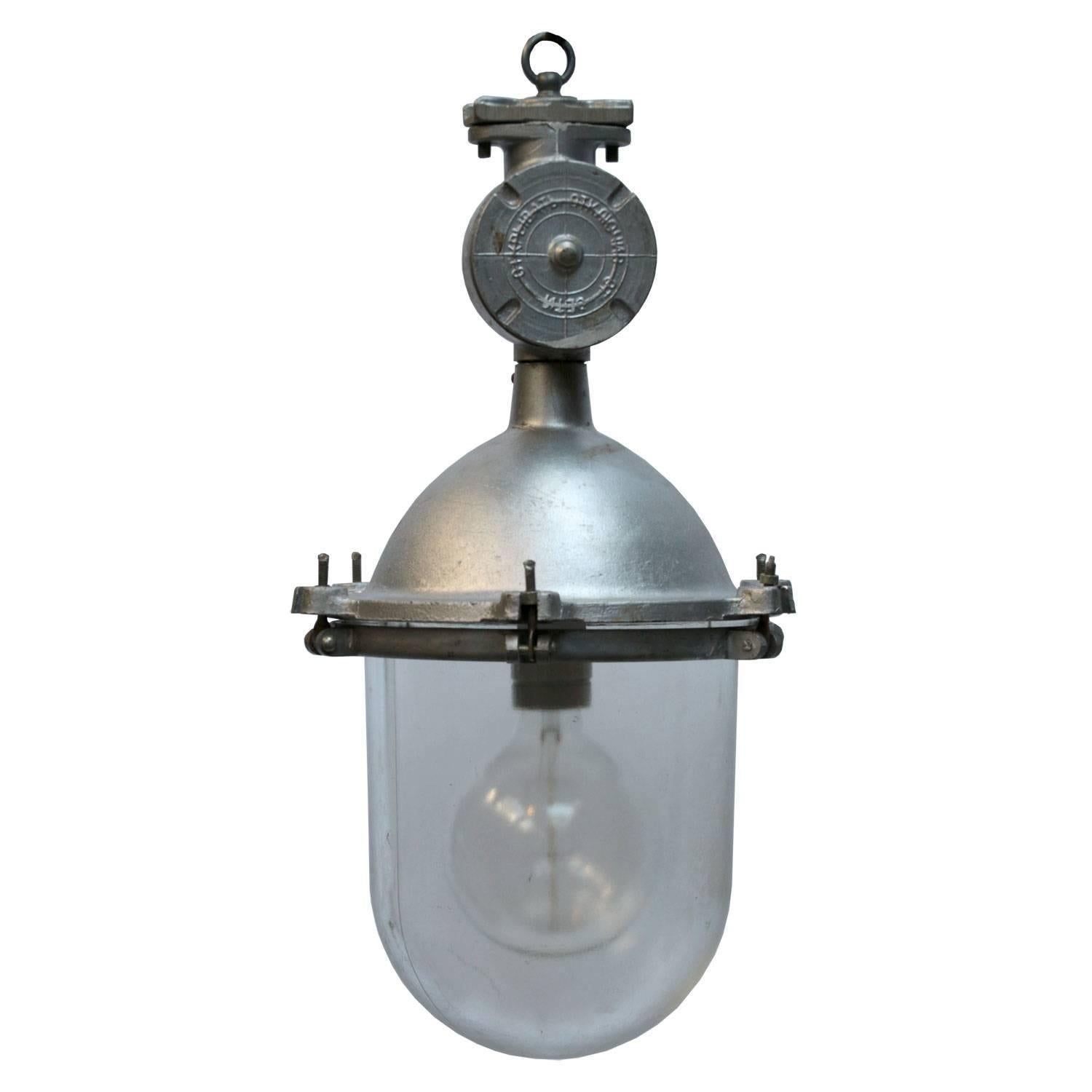 Industrial hanging lamp. silver grey cast aluminium.
Clear glass.

Weight: 10.0 kg / 22 lb

Priced per individual item. All lamps have been made suitable by international standards for incandescent light bulbs, energy-efficient and LED bulbs.