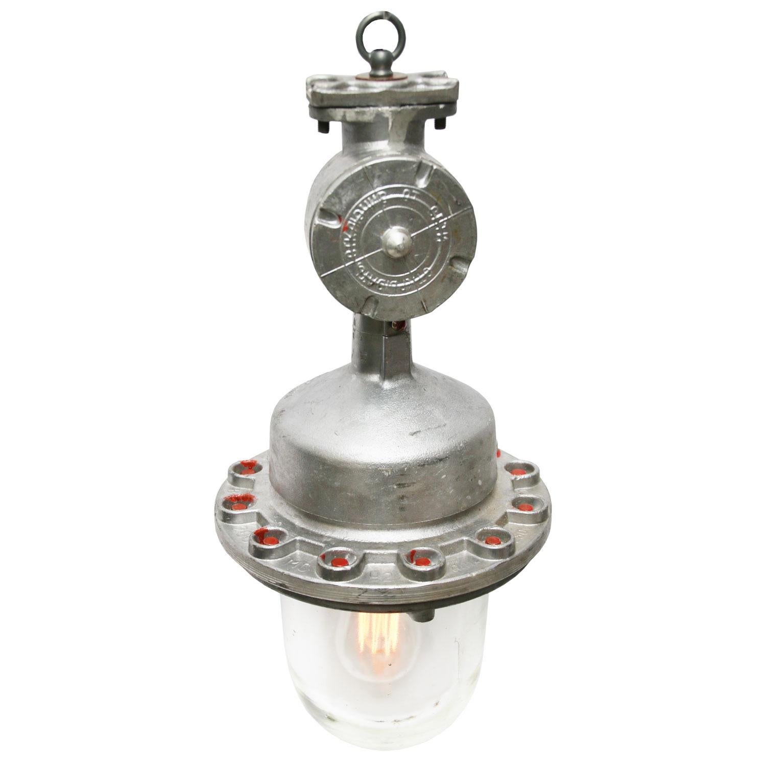 Industrial hanging lamp. Silver grey cast aluminium. Clear glass.

Weight: 7.0 kg / 15.4 lb

Priced per individual item. All lamps have been made suitable by international standards for incandescent light bulbs, energy-efficient and LED bulbs.