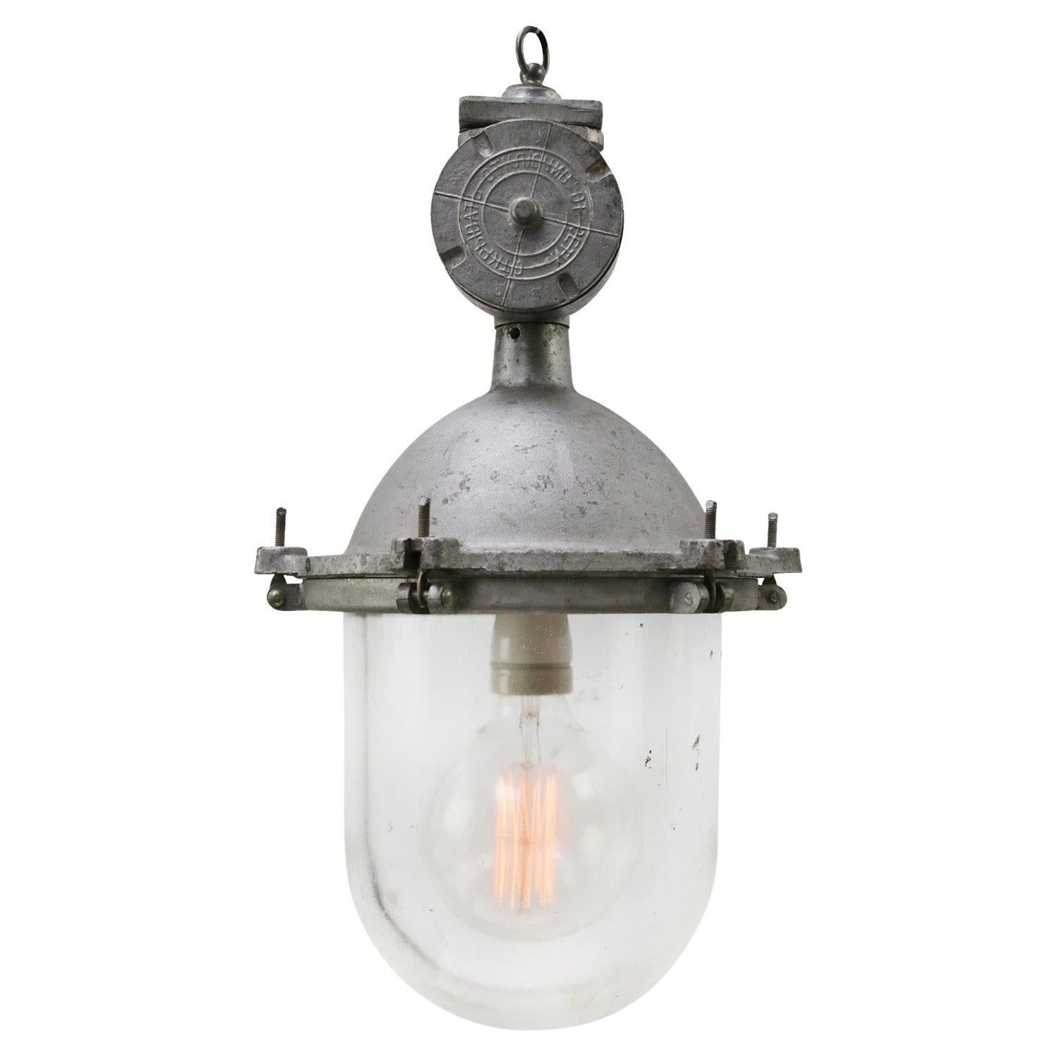 Lampes à suspension industrielles vintage en métal argenté et verre transparent
