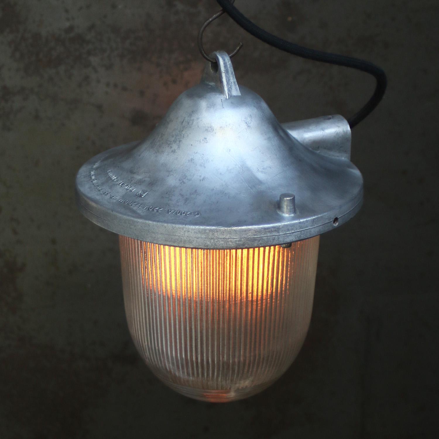 Polacco Silver Metal Vintage Industrial Holophane Glass Pendant Lamps in vendita