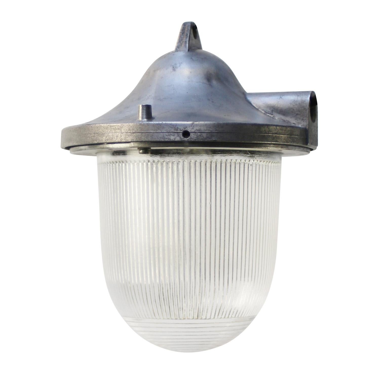 Calco Silver Metal Vintage Industrial Holophane Glass Pendant Lamps in vendita