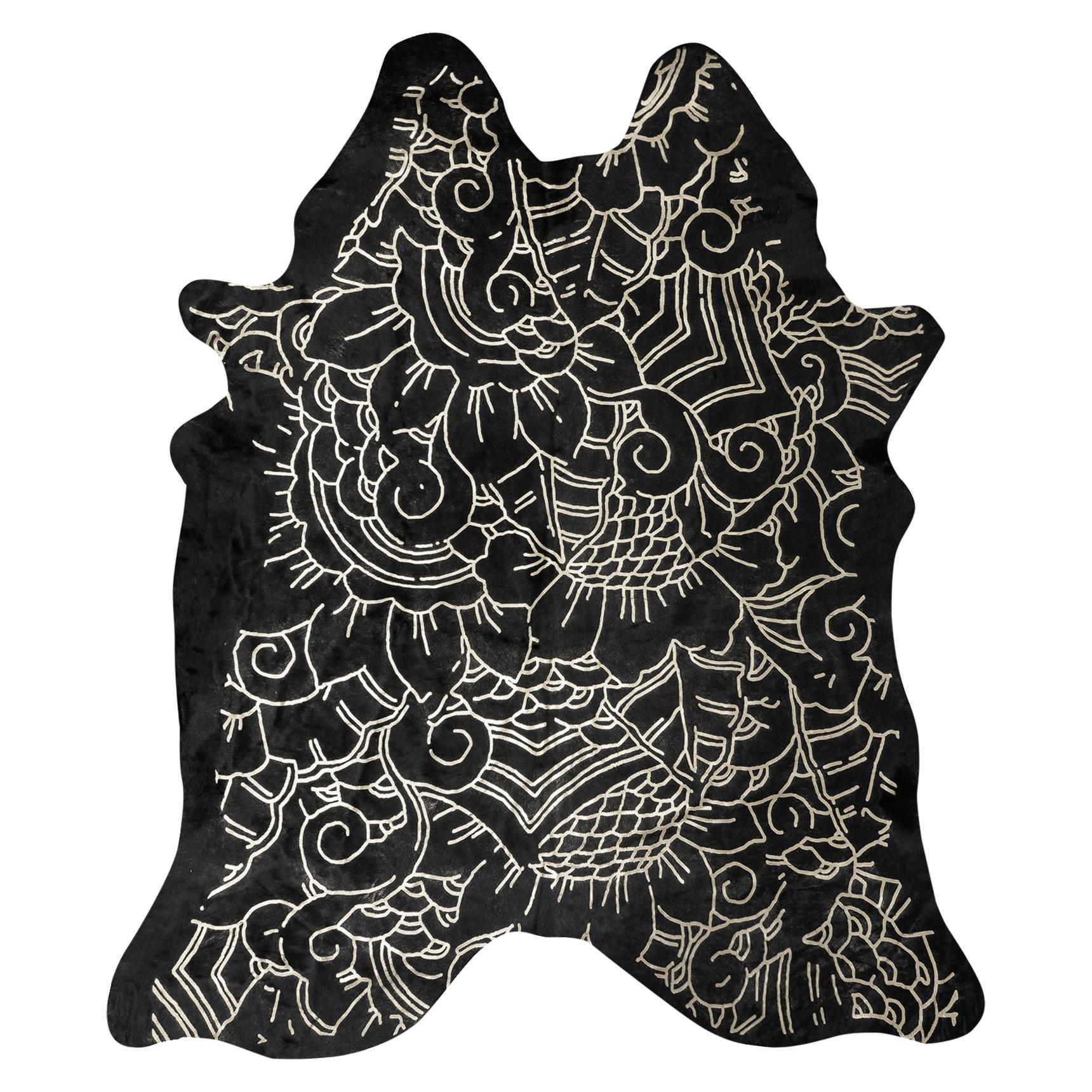 Silver Metallic Boho Batik Pattern Black Cowhide Rug, Large For Sale