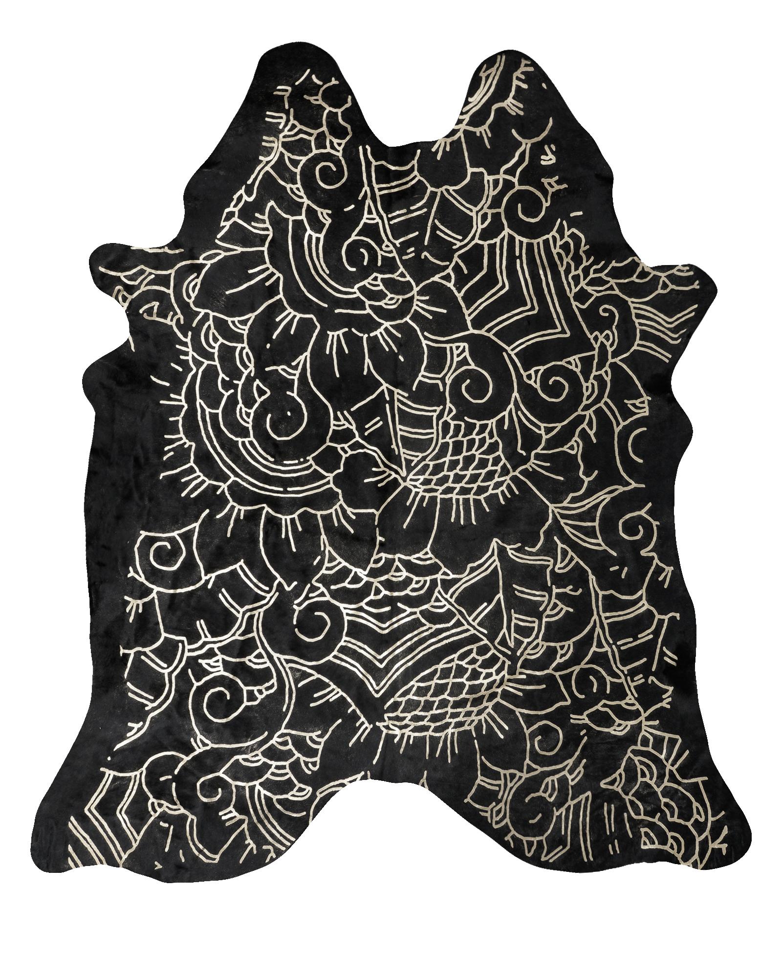Indonesian Silver Metallic Boho Batik Pattern Black Cowhide Rug, Medium For Sale
