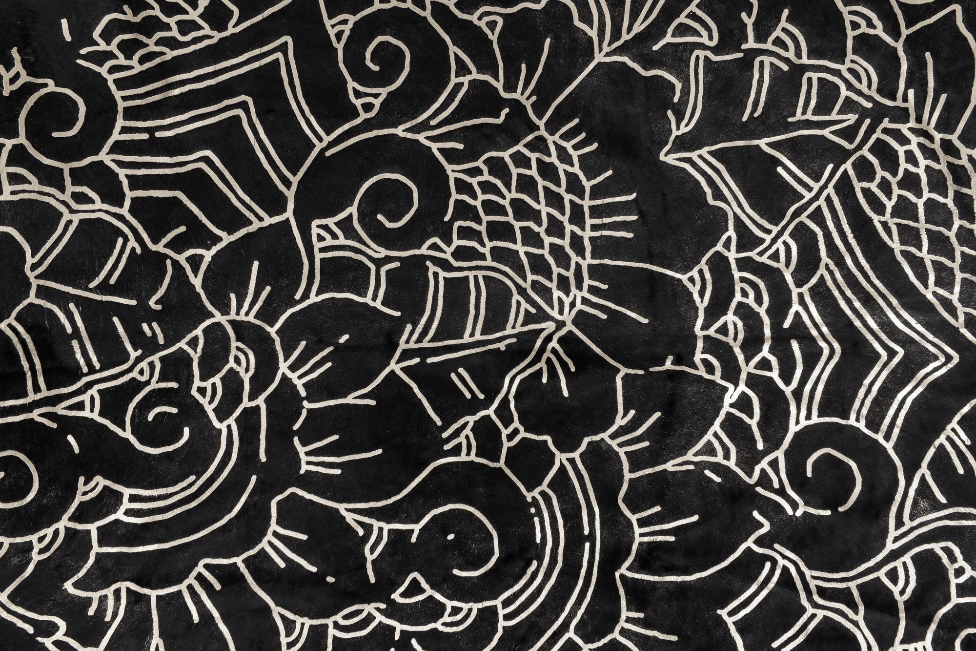 Machine-Made Silver Metallic Boho Batik Pattern Black Cowhide Rug, Medium For Sale