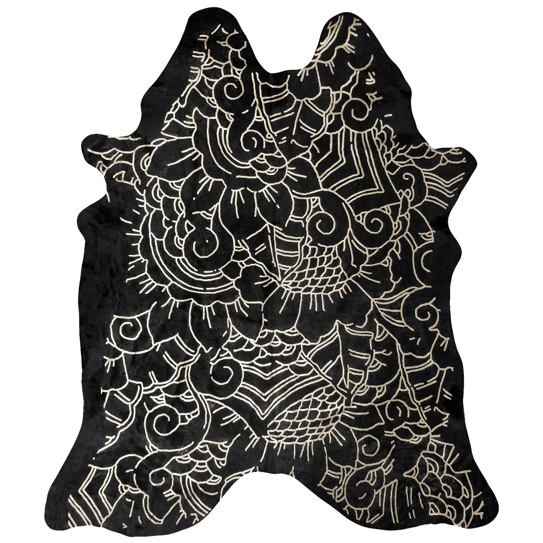 Silver Metallic Boho Batik Pattern Black Cowhide Rug, Medium For Sale