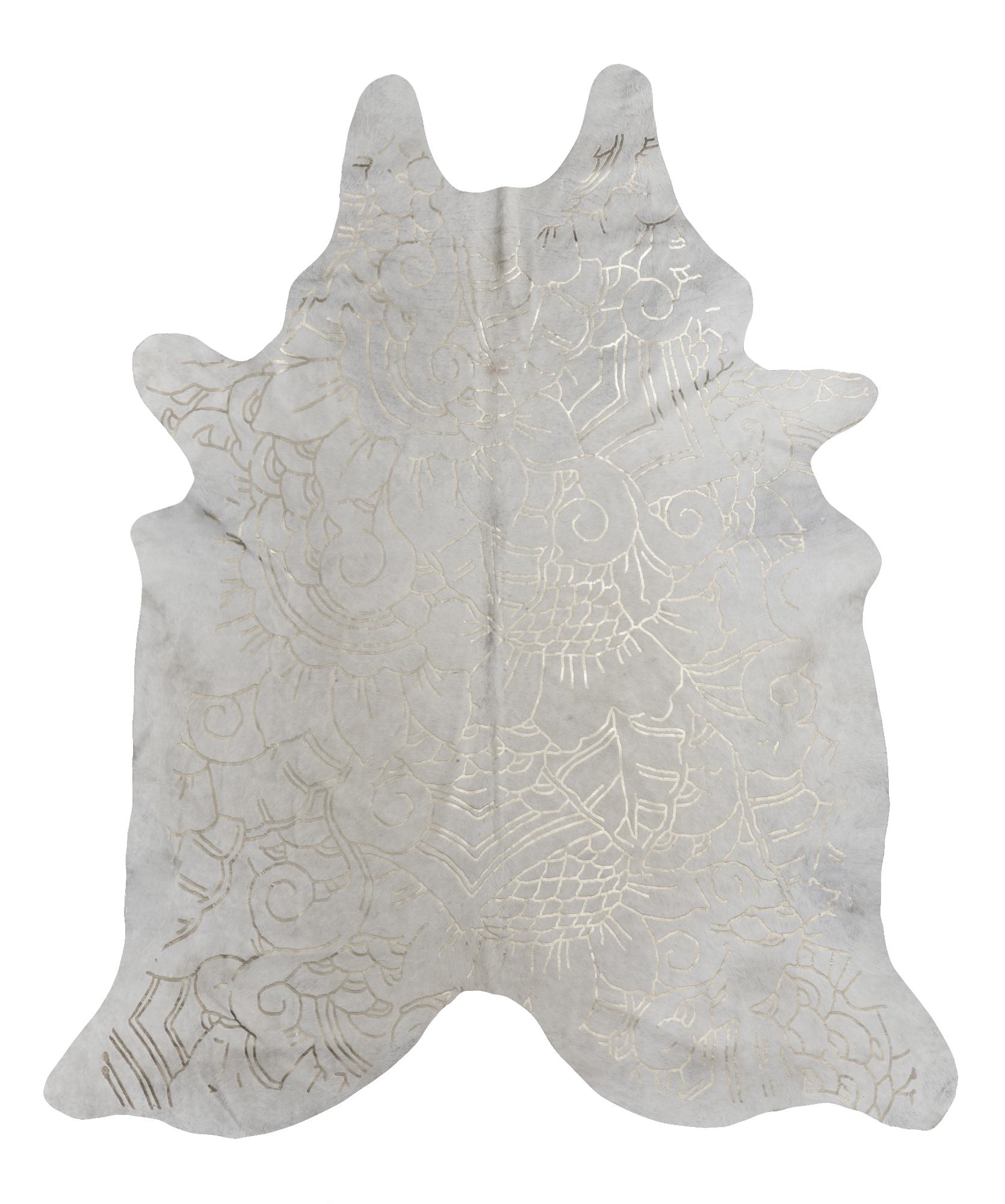 Art Déco Tappeto in pelle di mucca color crema con motivo Boho Batik metallizzato argento, grande in vendita