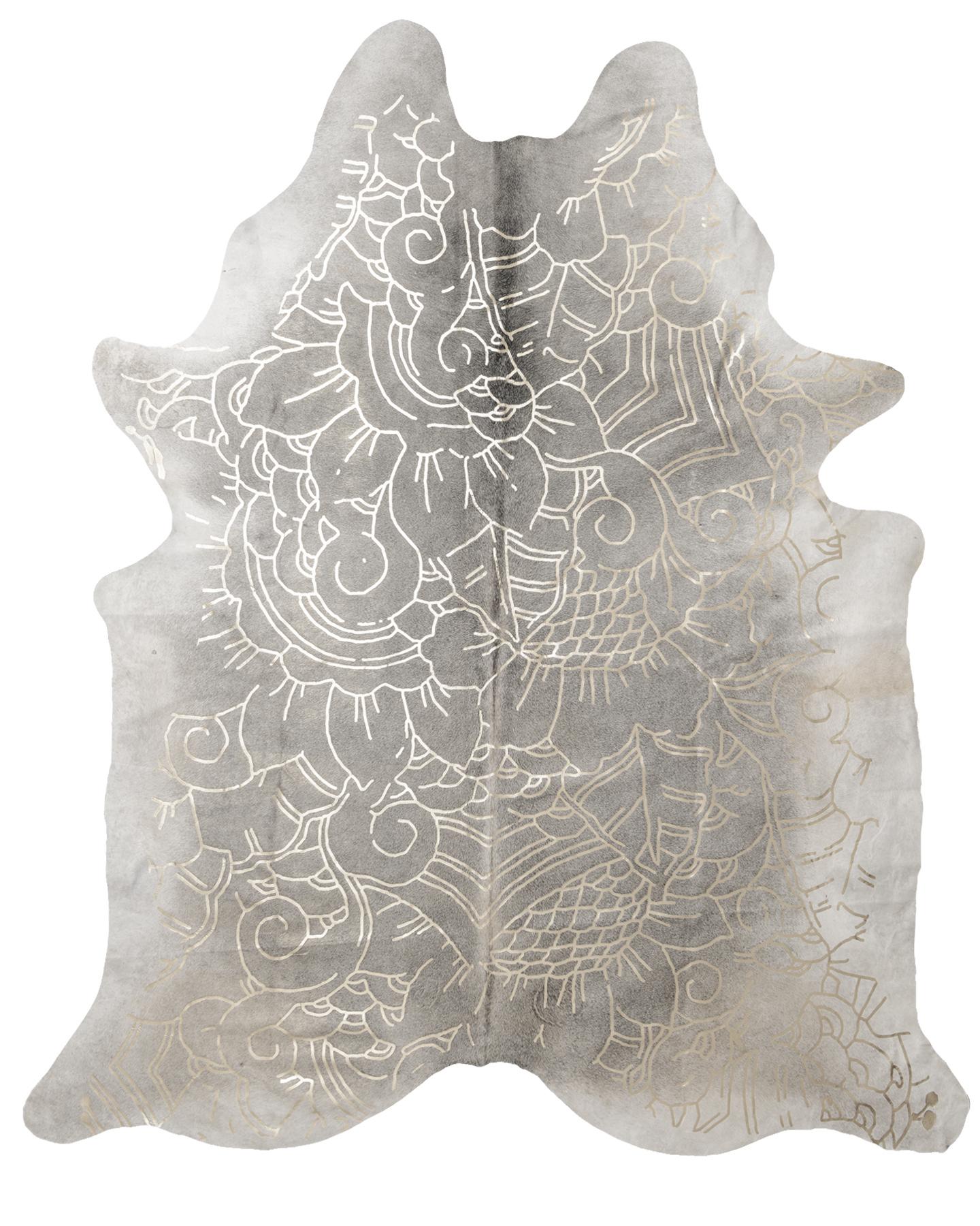 Alfombra de cuero de vaca gris con estampado Boho Batik metalizado plateado, mediana Indonesio en venta