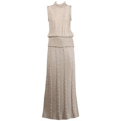 Silver Metallic Cable Knit Top and Maxi Skirt Two Piece Ensemble, 1970s