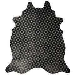 Silver Metallic Diamond Pattern Black Cowhide Rug, Large