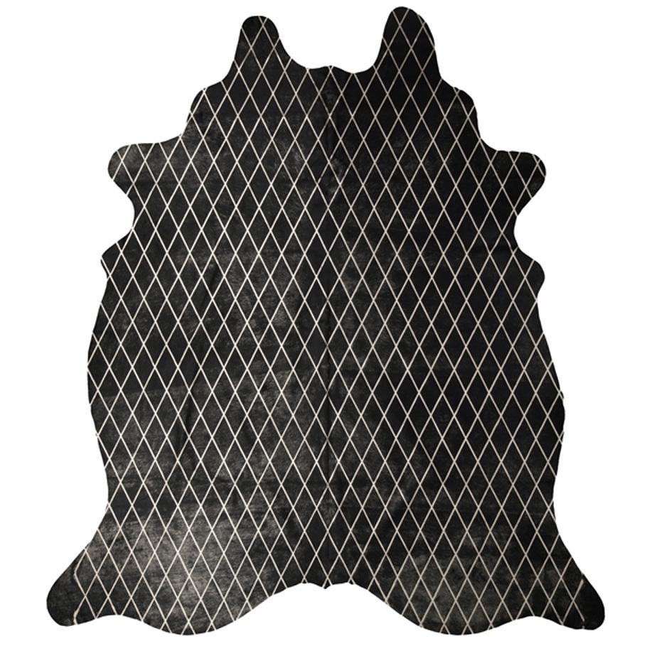 Indonesian Silver Metallic Diamond Pattern Black Cowhide Rug, Large For Sale
