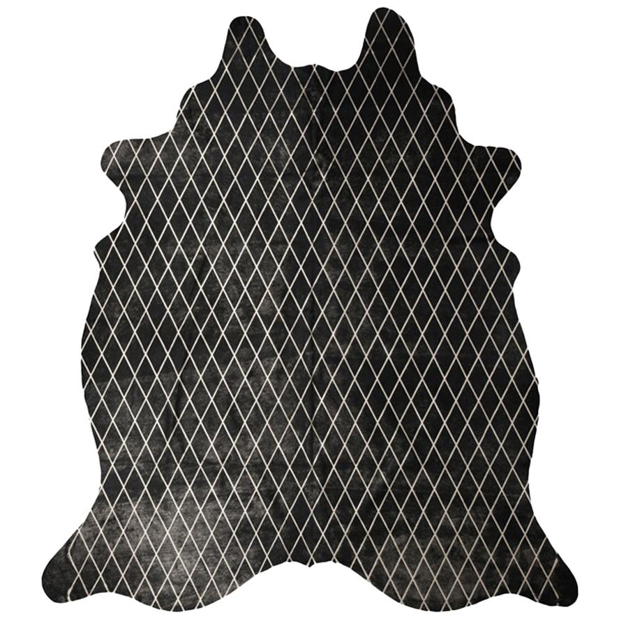 Silver Metallic Diamond Pattern Black Cowhide Rug, Large For Sale